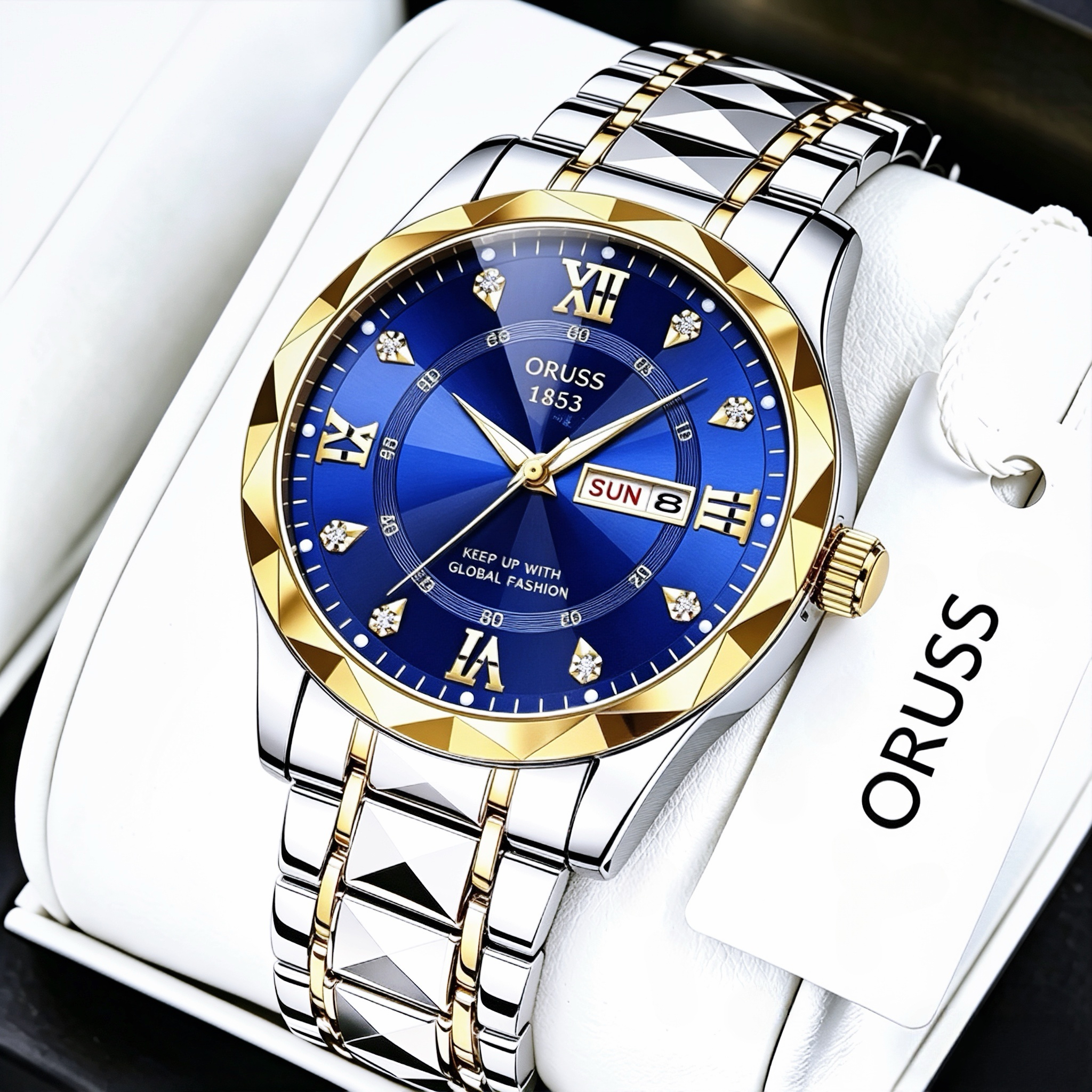 ORUSS 1853 Men's Watch Faceted Crystal Glass Quartz Two Tone Stainless Steel Bracelet Blue White Dial Diamond Roman Numerals Dual Calendar For Business Daily Wear Special Occasions