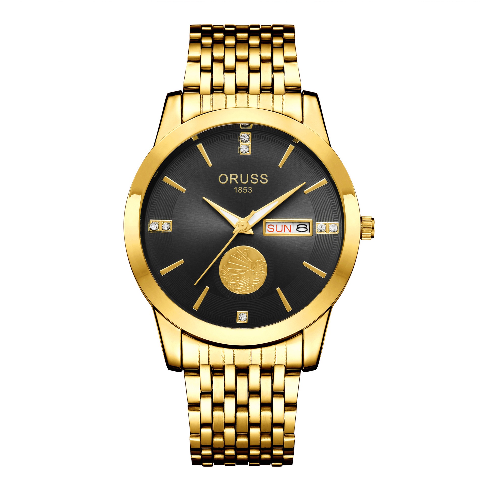 ORUSS 1853 Men's Watch Luxury Gold Plated Quartz Watch Stainless Steel Bracelet White Black Dial Diamond Accent Sailboat Motif Day Date Formal Daily Wear Office Anniversary Birthday Gift