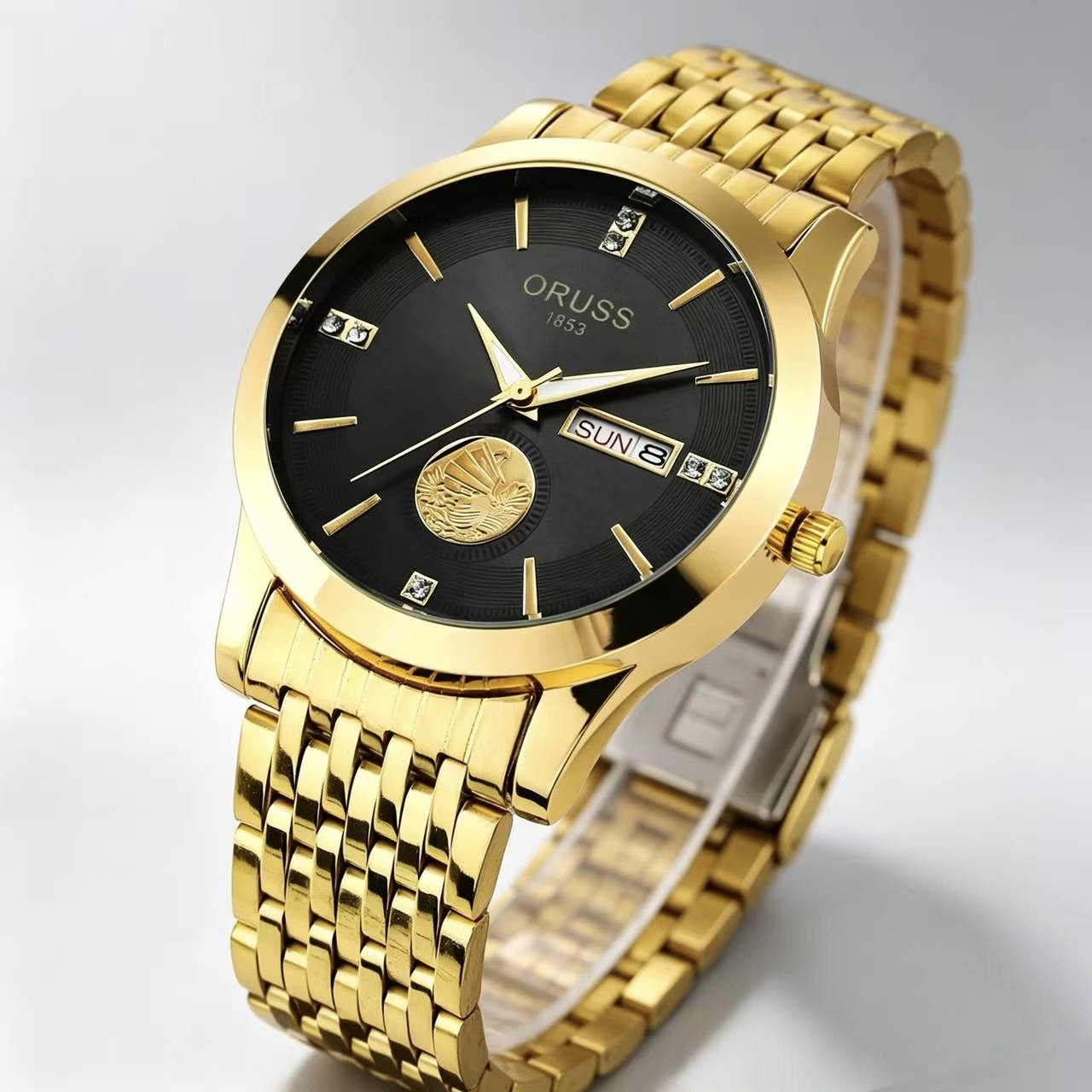 ORUSS 1853 Men's Watch Luxury Gold Plated Quartz Watch Stainless Steel Bracelet White Black Dial Diamond Accent Sailboat Motif Day Date Formal Daily Wear Office Anniversary Birthday Gift