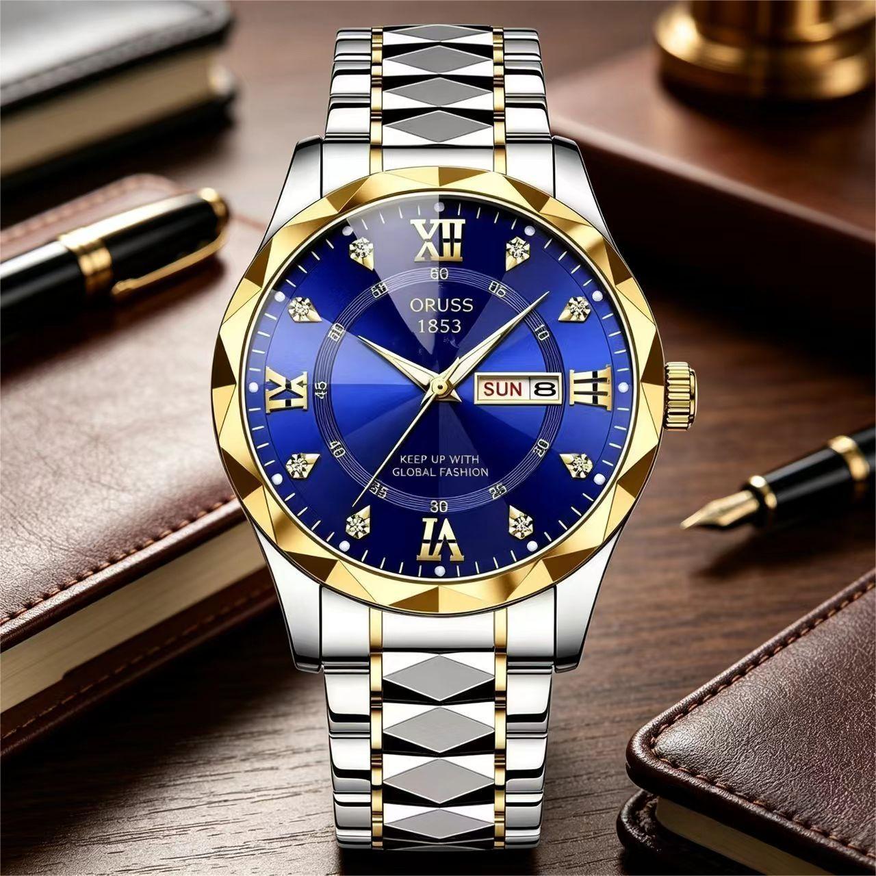 ORUSS 1853 Men's Watch Faceted Crystal Glass Quartz Two Tone Stainless Steel Bracelet Blue White Dial Diamond Roman Numerals Dual Calendar For Business Daily Wear Special Occasions
