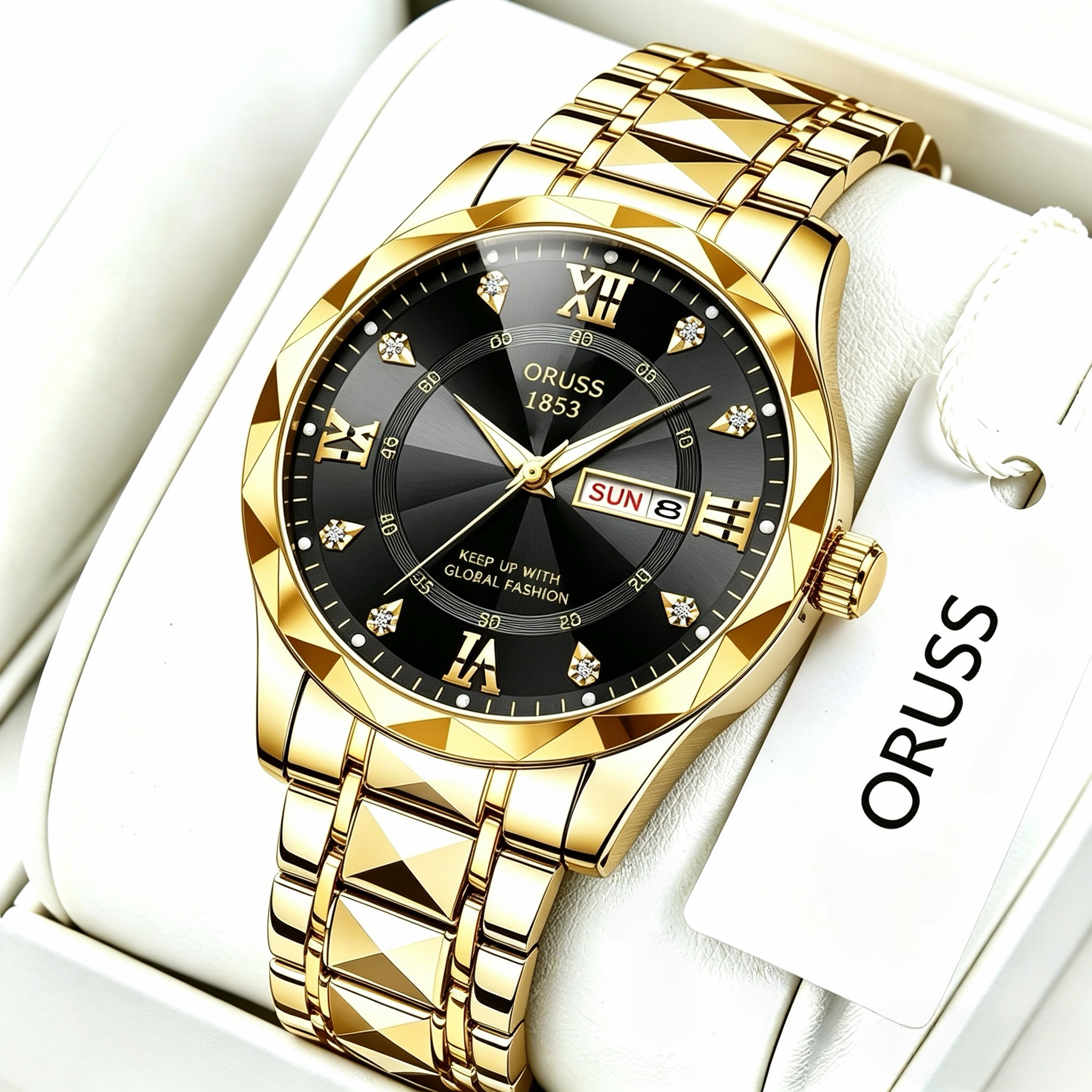 ORUSS 1853 Men's Watch Luxury Rhombus Pointed Crystal Glass Quartz Watch Stainless Steel Bracelet Black Dial Diamond Roman Numeral Day Date For Formal Daily Wear Office Anniversary Birthday