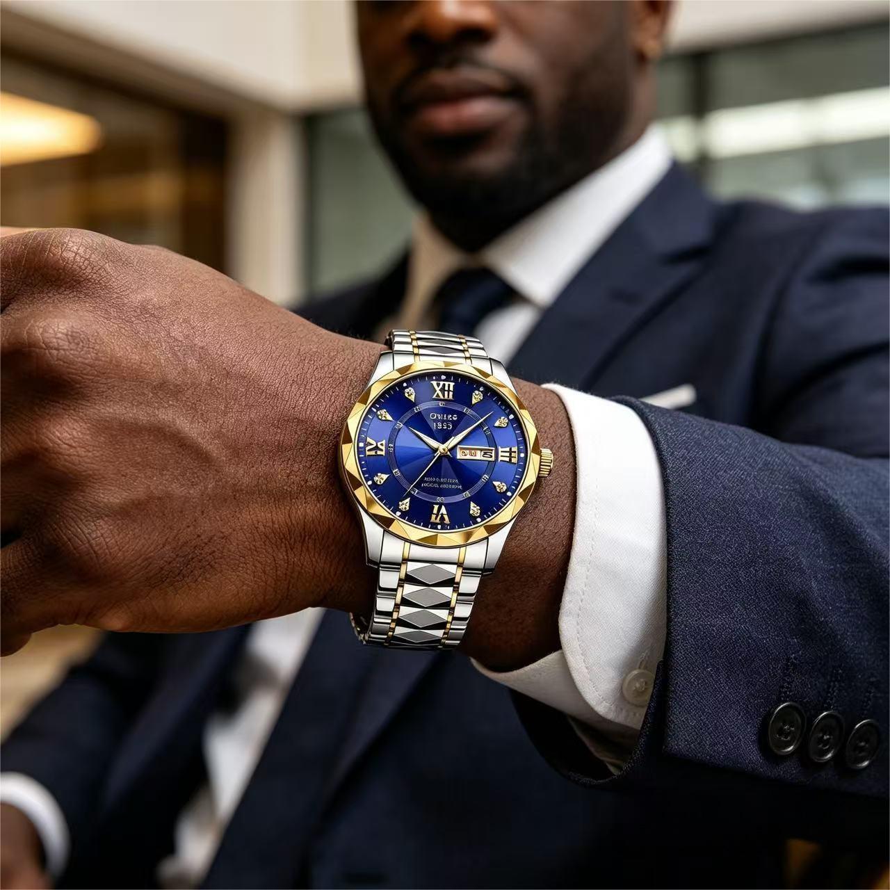 ORUSS 1853 Men's Watch Faceted Crystal Glass Quartz Two Tone Stainless Steel Bracelet Blue White Dial Diamond Roman Numerals Dual Calendar For Business Daily Wear Special Occasions
