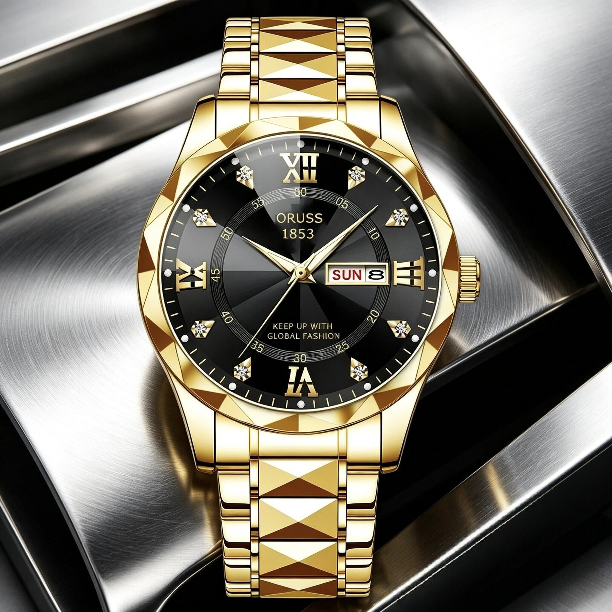ORUSS 1853 Men's Watch Luxury Rhombus Pointed Crystal Glass Quartz Watch Stainless Steel Bracelet Black Dial Diamond Roman Numeral Day Date For Formal Daily Wear Office Anniversary Birthday
