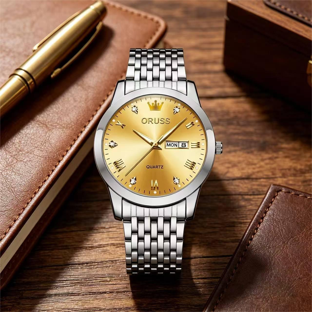 ORUSS Men's Watch Luxury Quartz Watch Silver Stainless Steel Bracelet Gold Dial Crystal Accent Crown Logo Day Date Casual Formal Daily Wear Office Wedding Anniversary Birthday Gift