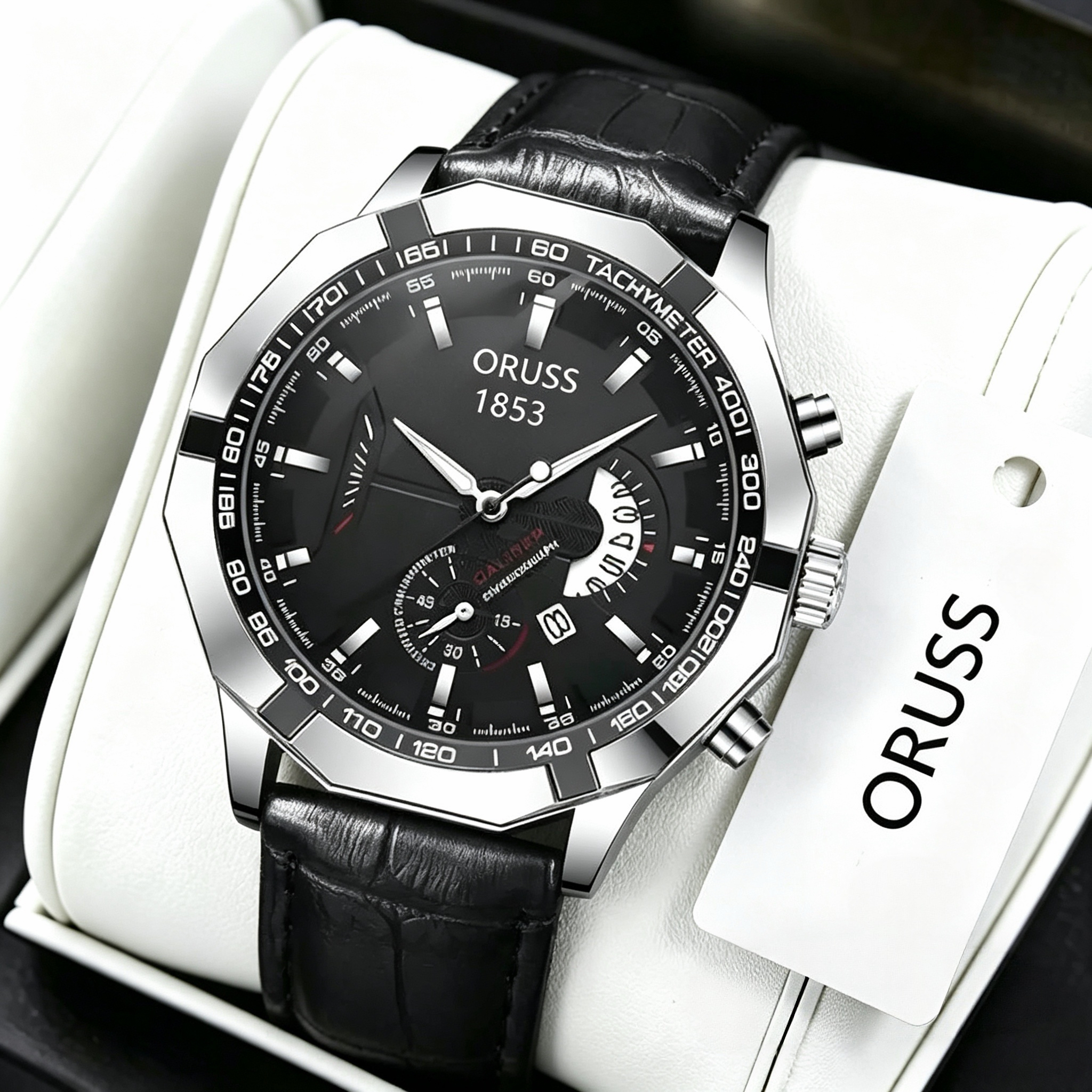 ORUSS 1853 Men's Watch Creative Chronograph Multi-Function Dial Unique Tachymeter Bezel Design Waterproof Leather Strap Unisex Daily Wear Sports Business Holiday Gift