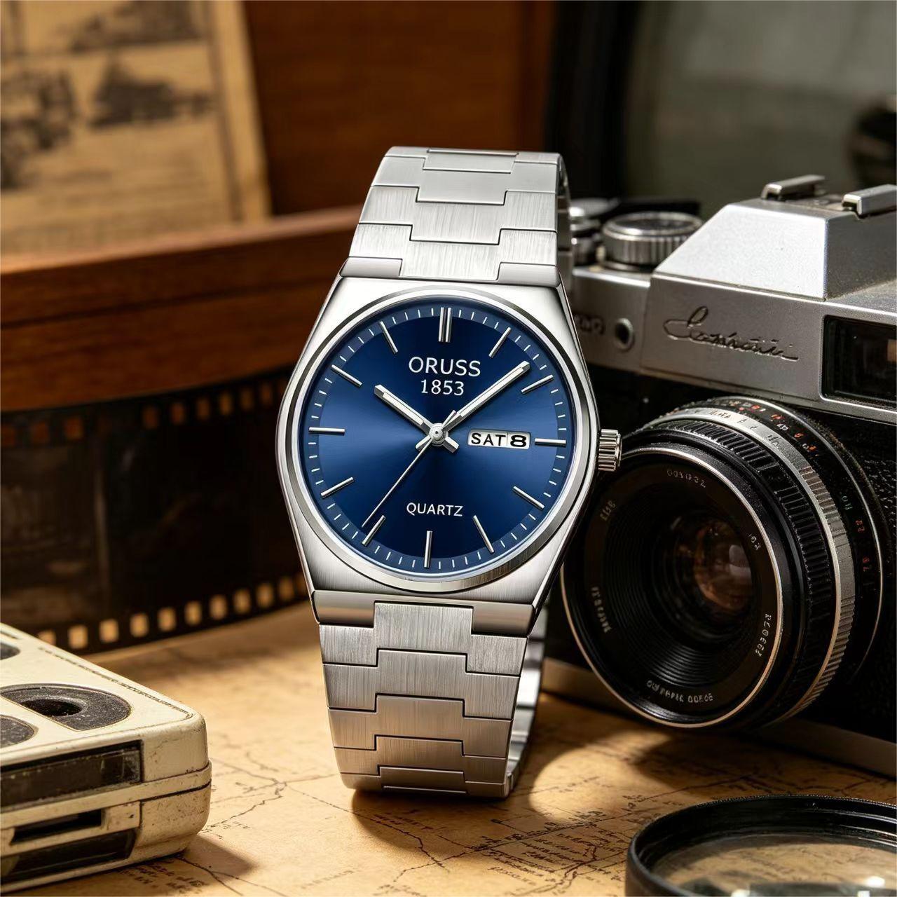 ORUSS 1853 Men's Watch Minimalist Tonneau Style Quartz Watch Brushed Stainless Steel Bracelet Black Blue Sunburst Dial Dual Calendar For Casual Business Wear