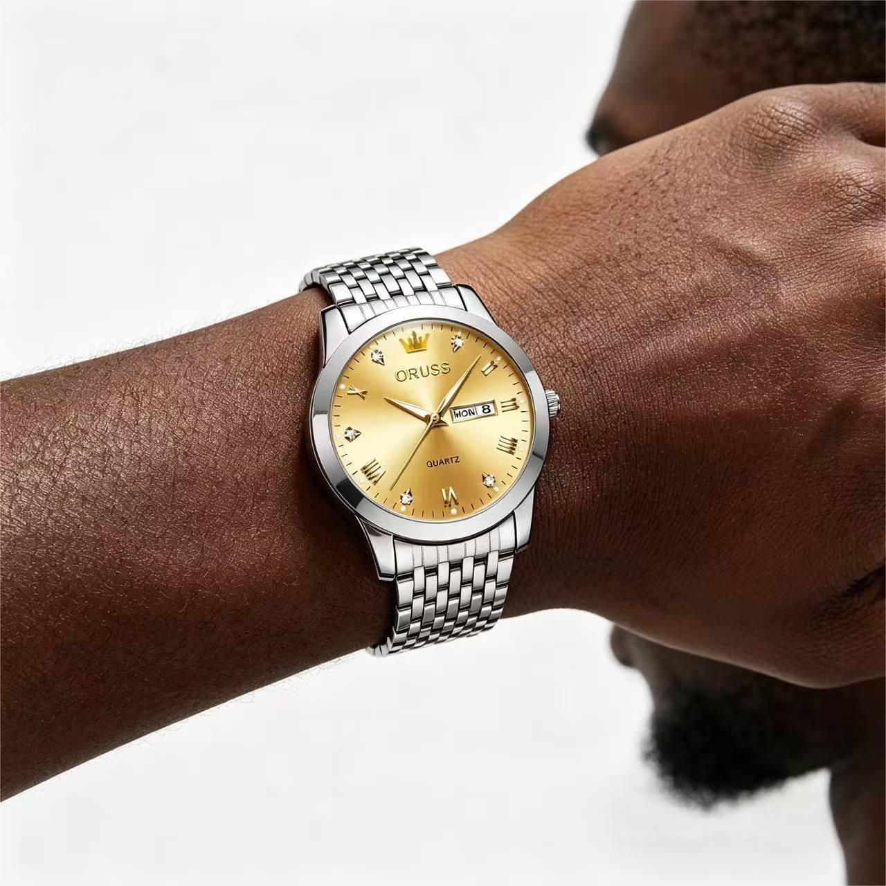 ORUSS Men's Watch Luxury Quartz Watch Silver Stainless Steel Bracelet Gold Dial Crystal Accent Crown Logo Day Date Casual Formal Daily Wear Office Wedding Anniversary Birthday Gift