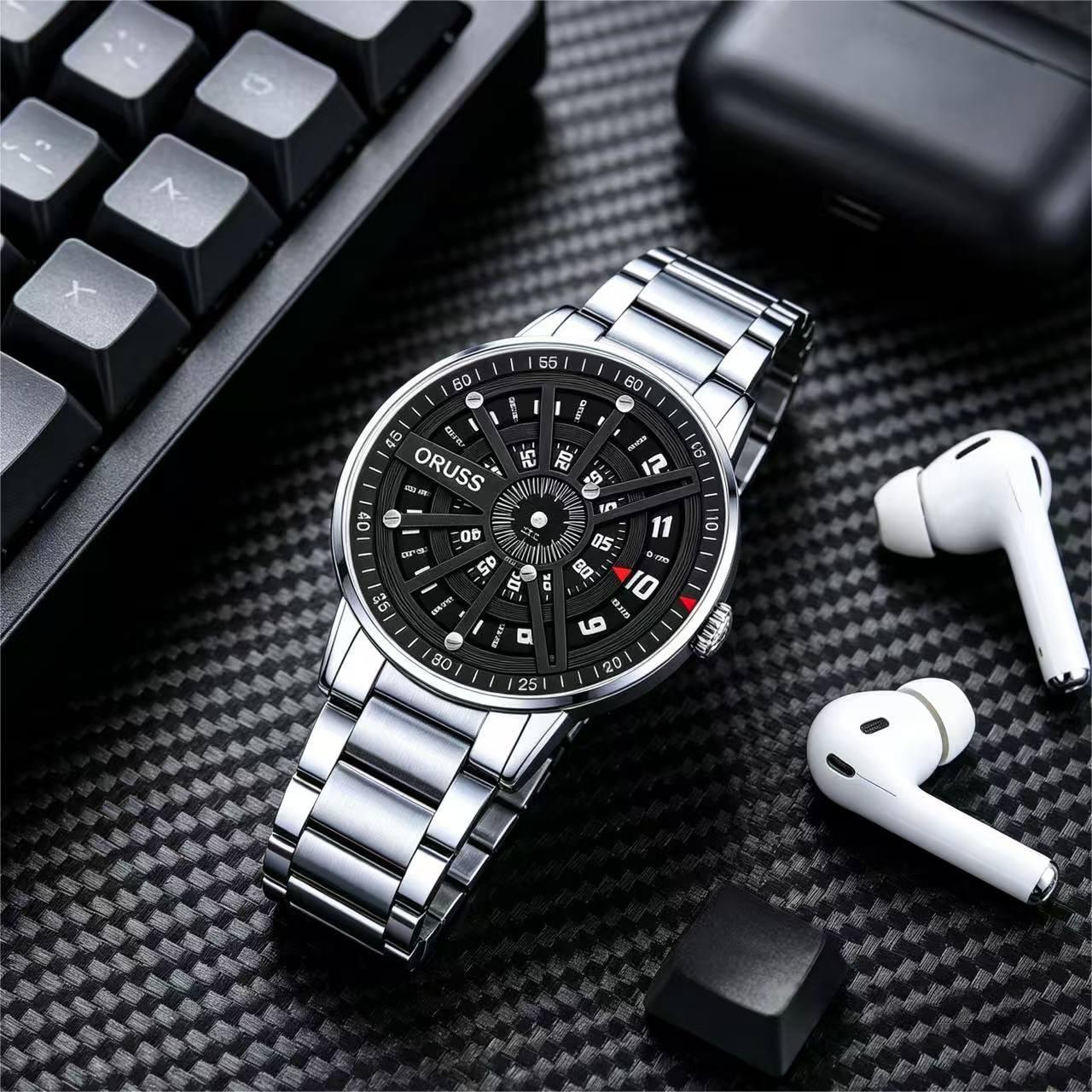 ORUSS 1853 Men's Watch Roulette Wheel Style Creative Unique Design Dial Waterproof Stainless Steel Bracelet Rotating Indicator Unisex Daily Wear Sports Fashion Holiday Gift
