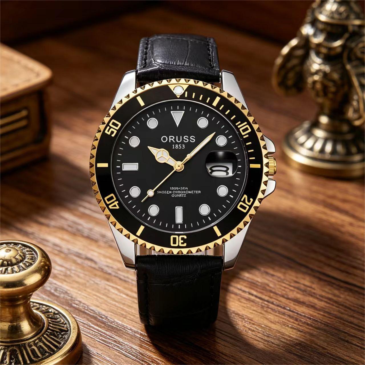 ORUSS Men's Business Sports Calendar Watch With Bamboo Pattern Strap Unique Digital Scale Casual Fashion Waterproof Leather Strap Wristwatch For Daily Wear