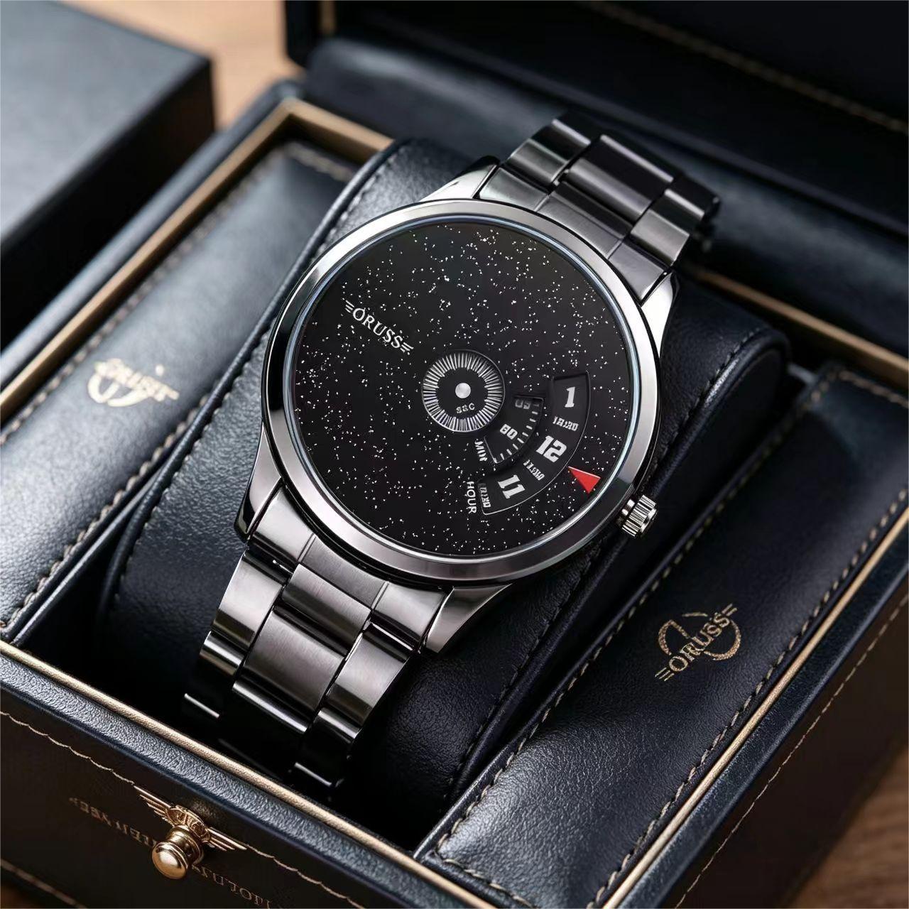 ORUSS 1853 Men's Watch Starry Sky Black Dial New Concept Cool Trendy Fashion Stylish Novelty Stainless Steel Waterproof Unique Rotating Display For Daily Wear Street Style Casual Hangouts