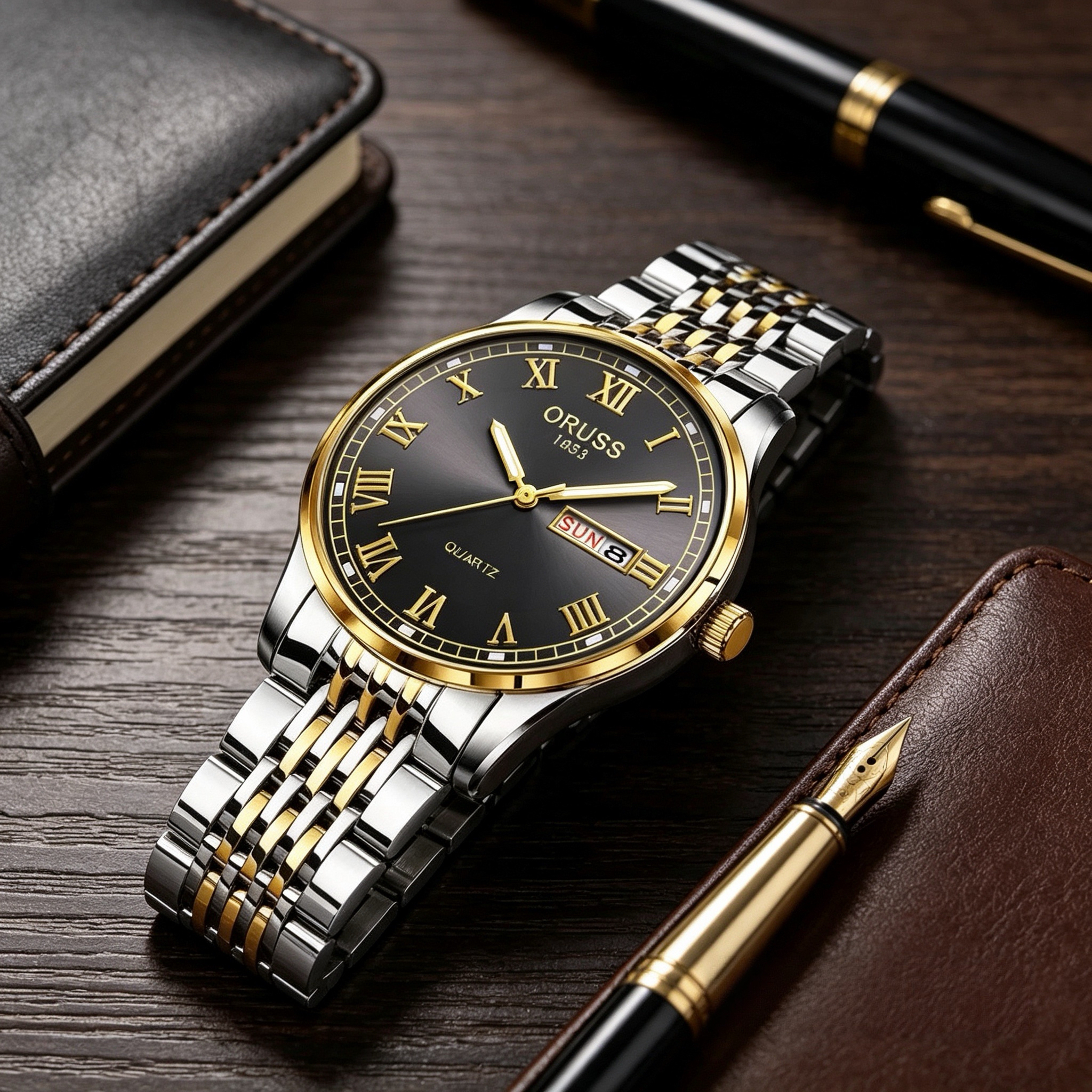 ORUSS 1853 Mens Classic Business Quartz Watch Two Tone Gold Silver Stainless Steel Bracelet Black Roman Numeral Dial Day Date 1853 Logo Formal Daily Wear Wedding Anniversary Birthday Gift