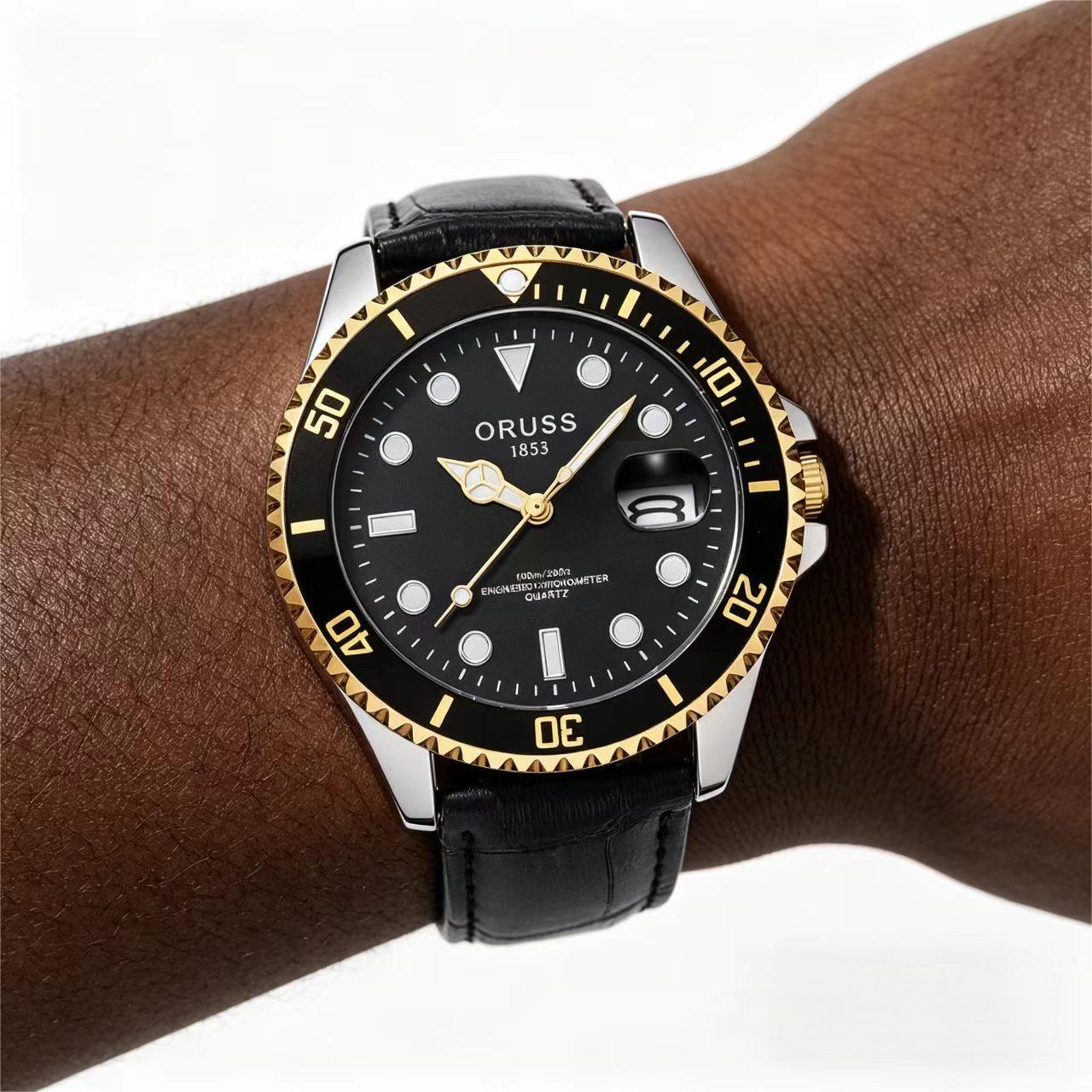ORUSS Men's Business Sports Calendar Watch With Bamboo Pattern Strap Unique Digital Scale Casual Fashion Waterproof Leather Strap Wristwatch For Daily Wear