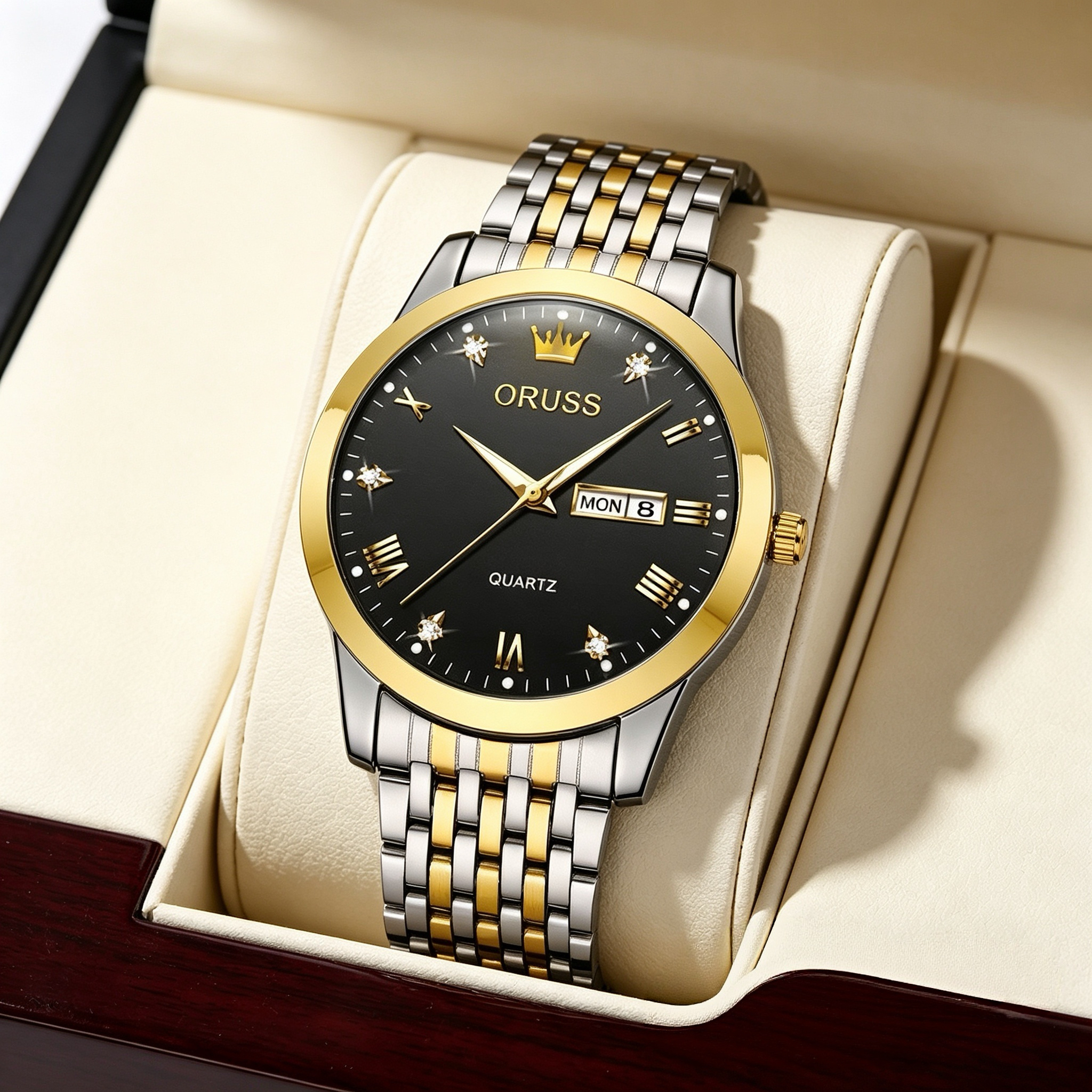 ORUSS Men's Watch Elegant Business Quartz Stainless Steel Bracelet Two Tone Silver Gold Black Dial Roman Numerals Crystal Day Date Crown Logo Formal Daily Wear Wedding Anniversary Birthday Gift