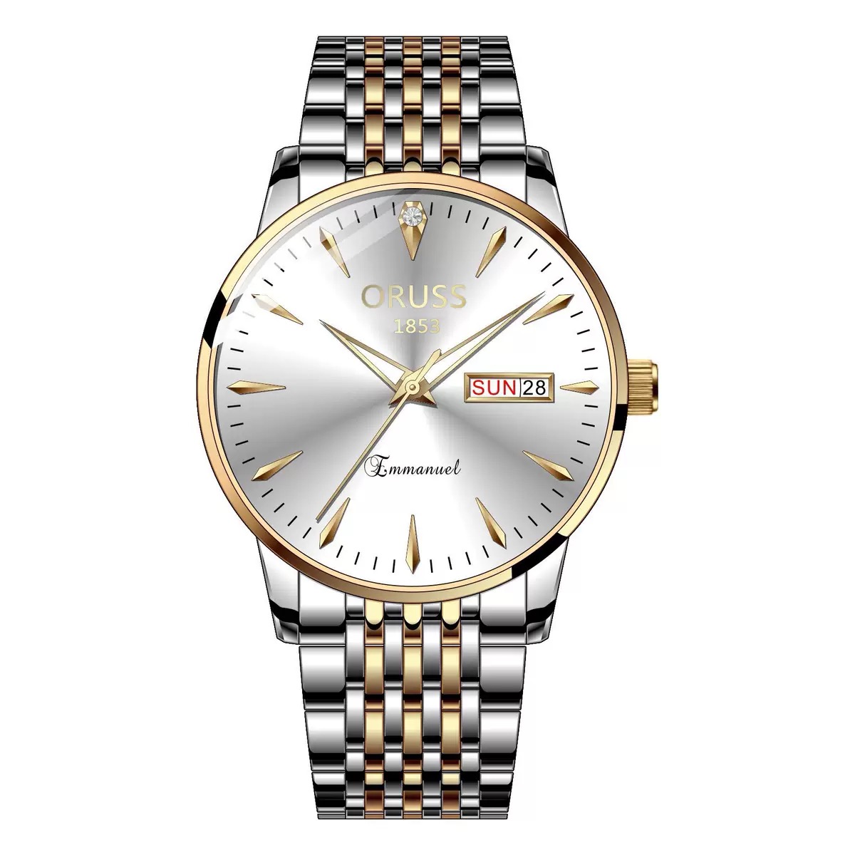 ORUSS 1853 Men's Watch Classic Business Quartz Two Tone Gold Silver Stainless Steel Bracelet White Dial Day Date Diamond Accent Formal Daily Wear Office Anniversary Birthday Gift