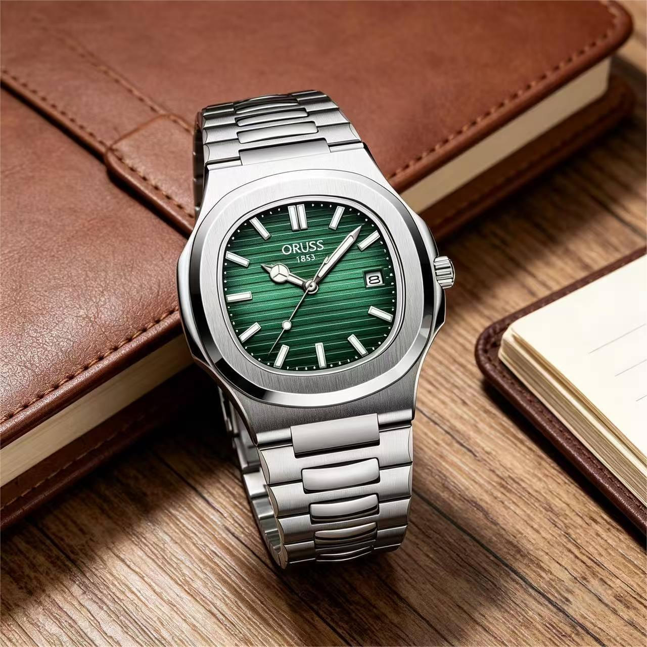 ORUSS 1853 Men's Watch Nautilus Style Quartz Watch Brushed Stainless Steel Bracelet Silver Green Horizontal Striped Dial Date Window For Casual Business Wear