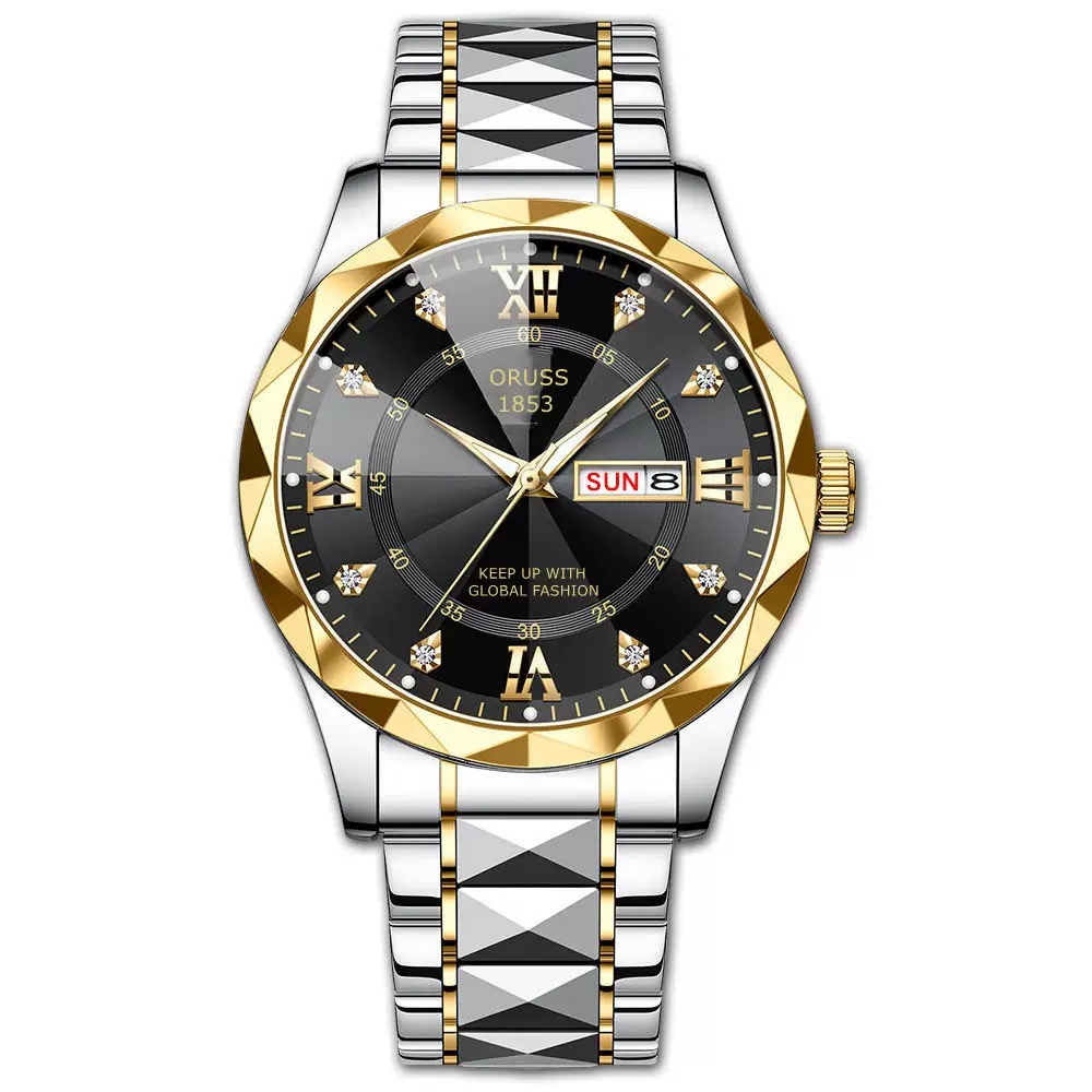 ORUSS 1853 Men's Watch Luxury Rhombus Pointed Crystal Glass Quartz Watch Stainless Steel Bracelet Black Dial Diamond Roman Numeral Day Date For Formal Daily Wear Office Anniversary Birthday