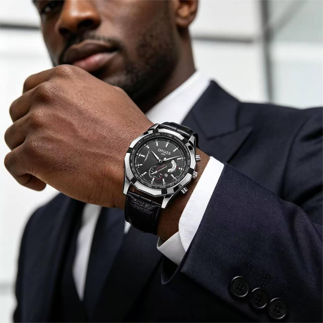 ORUSS 1853 Men's Watch Creative Chronograph Multi-Function Dial Unique Tachymeter Bezel Design Waterproof Leather Strap Unisex Daily Wear Sports Business Holiday Gift