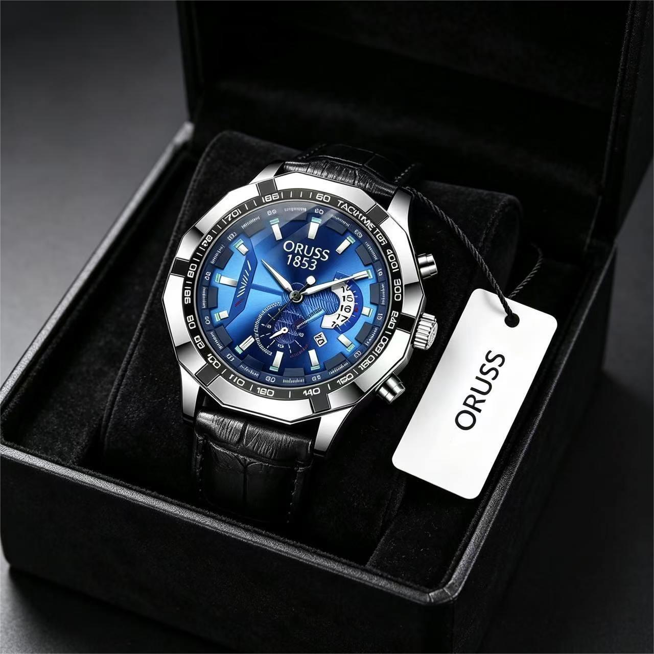 ORUSS 1853 Men's Watch Creative Chronograph Multi-Function Dial Unique Tachymeter Bezel Design Waterproof Leather Strap Unisex Daily Wear Sports Business Holiday Gift