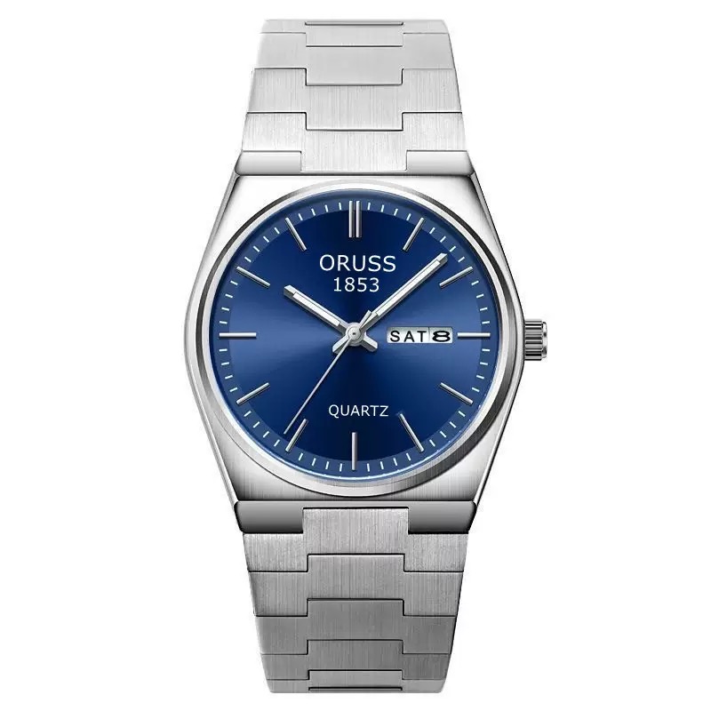 ORUSS 1853 Men's Watch Minimalist Tonneau Style Quartz Watch Brushed Stainless Steel Bracelet Black Blue Sunburst Dial Dual Calendar For Casual Business Wear