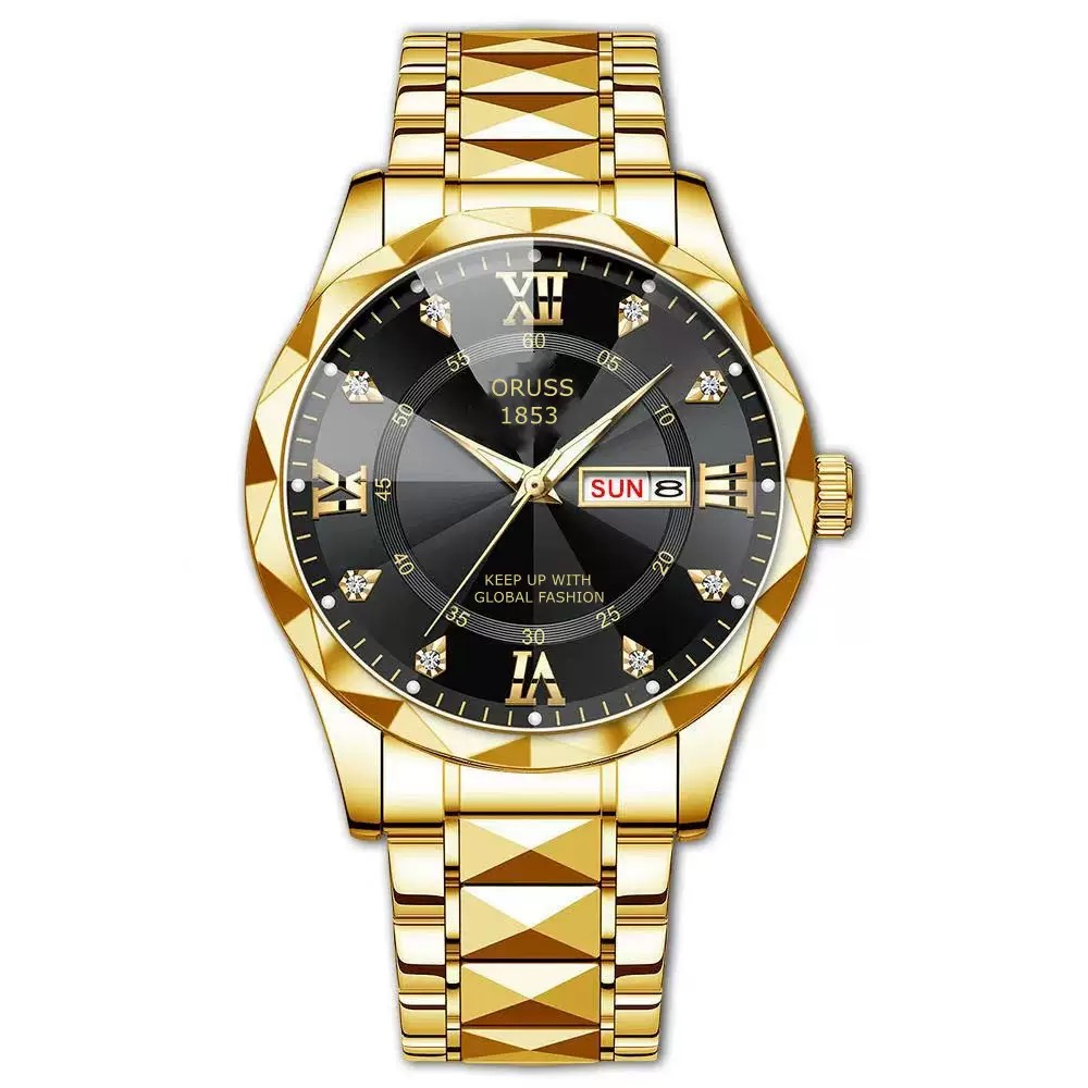 ORUSS 1853 Men's Watch Luxury Rhombus Pointed Crystal Glass Quartz Watch Stainless Steel Bracelet Black Dial Diamond Roman Numeral Day Date For Formal Daily Wear Office Anniversary Birthday