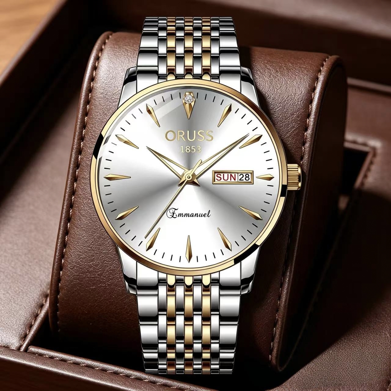 ORUSS 1853 Men's Watch Classic Business Quartz Two Tone Gold Silver Stainless Steel Bracelet White Dial Day Date Diamond Accent Formal Daily Wear Office Anniversary Birthday Gift