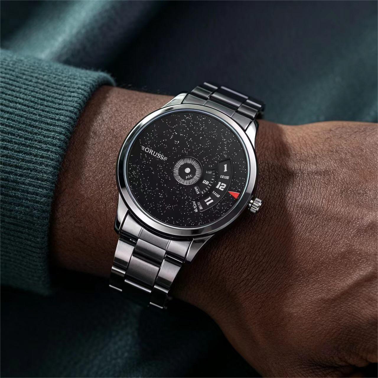 ORUSS 1853 Men's Watch Starry Sky Black Dial New Concept Cool Trendy Fashion Stylish Novelty Stainless Steel Waterproof Unique Rotating Display For Daily Wear Street Style Casual Hangouts