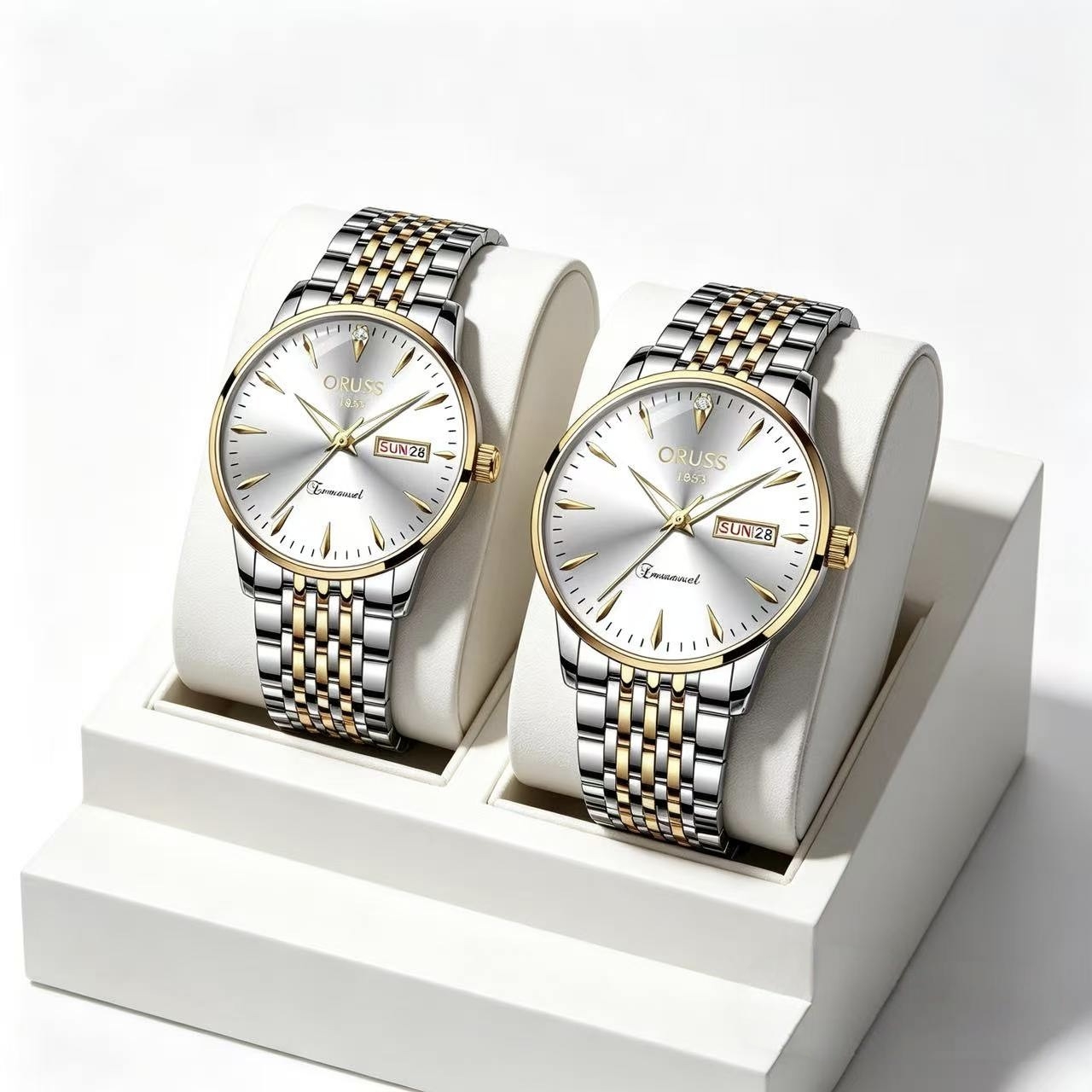 ORUSS 1853 Men's Watch Classic Business Quartz Two Tone Gold Silver Stainless Steel Bracelet White Dial Day Date Diamond Accent Formal Daily Wear Office Anniversary Birthday Gift