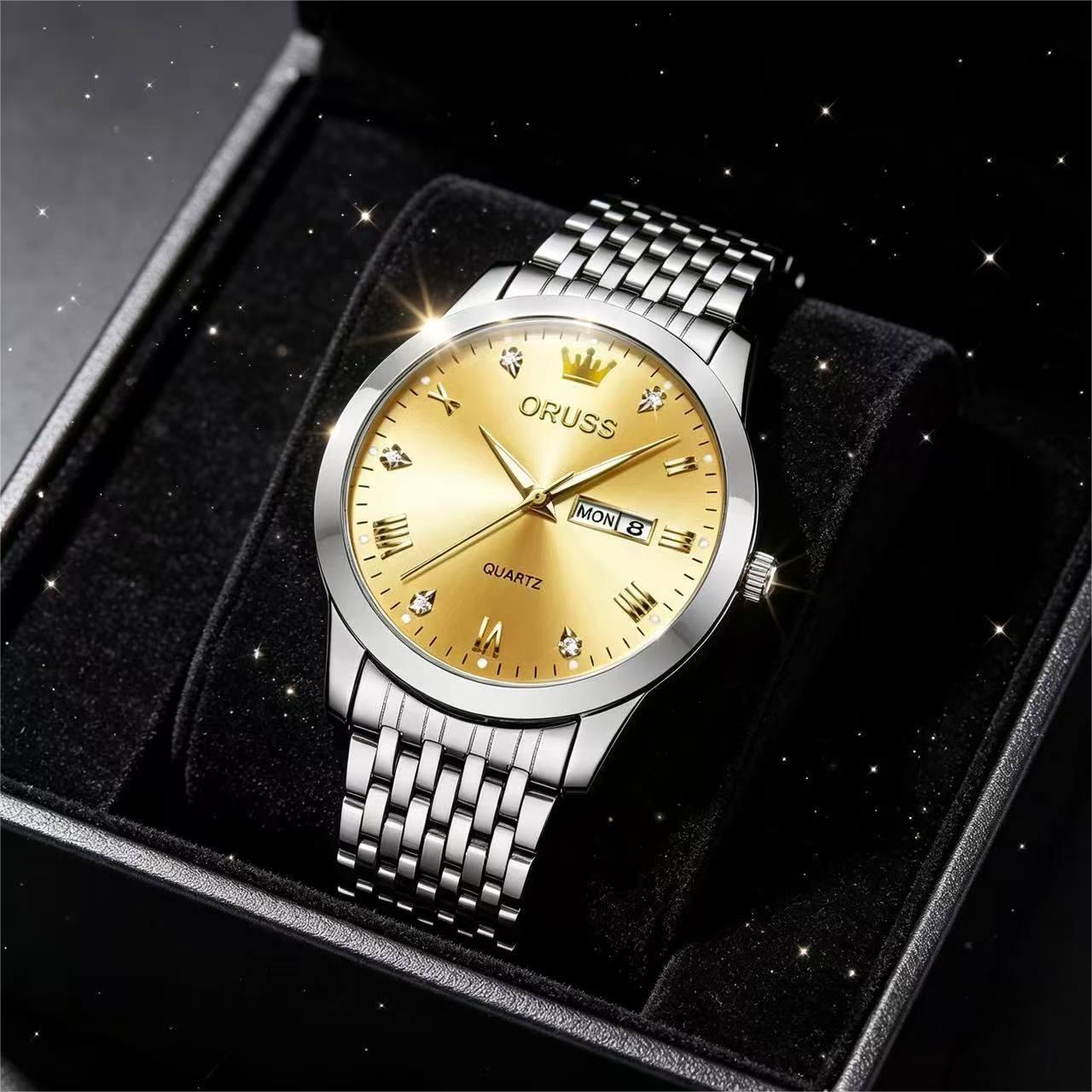 ORUSS Men's Watch Luxury Quartz Watch Silver Stainless Steel Bracelet Gold Dial Crystal Accent Crown Logo Day Date Casual Formal Daily Wear Office Wedding Anniversary Birthday Gift