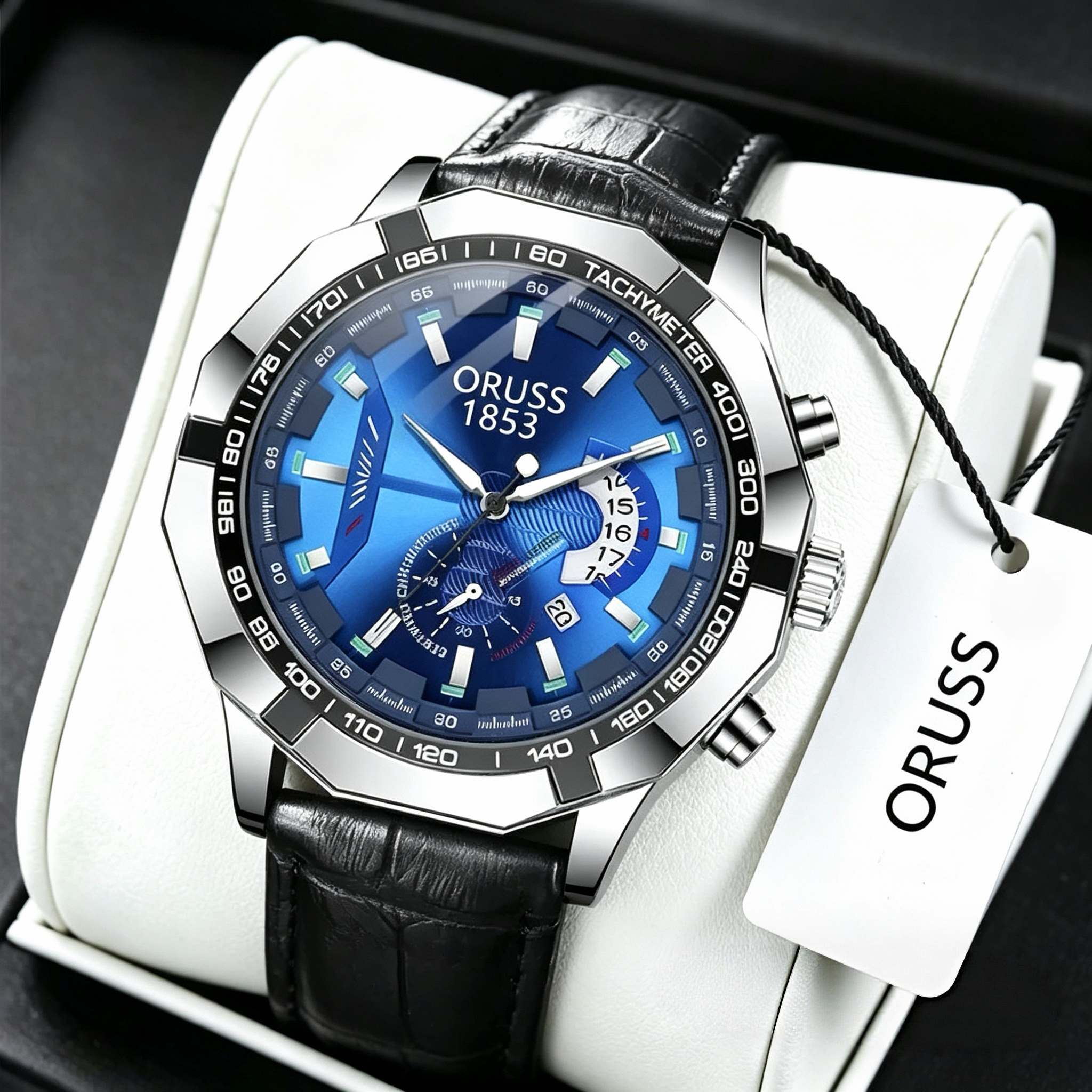 ORUSS 1853 Men's Watch Creative Chronograph Multi-Function Dial Unique Tachymeter Bezel Design Waterproof Leather Strap Unisex Daily Wear Sports Business Holiday Gift
