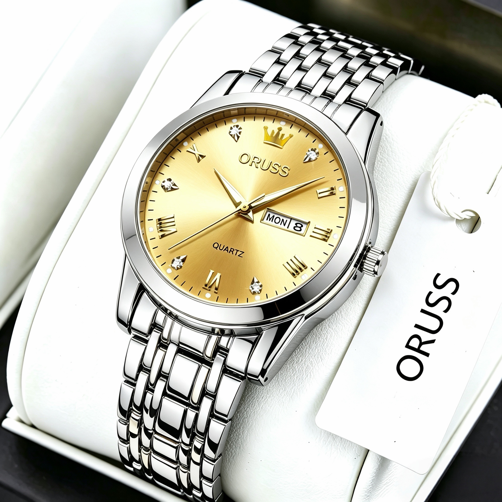 ORUSS Men's Watch Luxury Quartz Watch Silver Stainless Steel Bracelet Gold Dial Crystal Accent Crown Logo Day Date Casual Formal Daily Wear Office Wedding Anniversary Birthday Gift