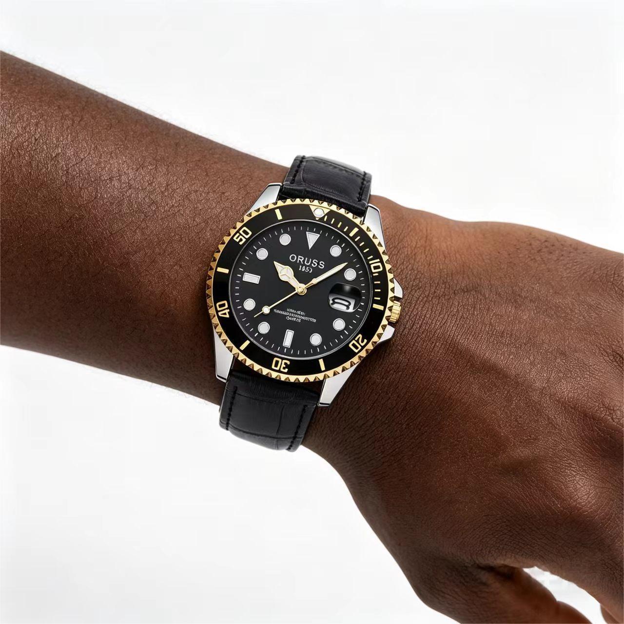 ORUSS Men's Business Sports Calendar Watch With Bamboo Pattern Strap Unique Digital Scale Casual Fashion Waterproof Leather Strap Wristwatch For Daily Wear