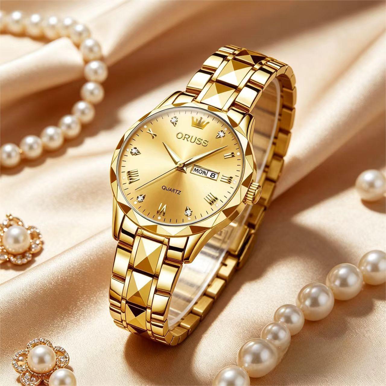 ORUSS Women's Watch Creative Diamond Inlaid Dial Unique Pyramid Cut Gold Plated Bracelet Waterproof Dual Calendar Quartz Watch Unisex Daily Wear Business Holiday Gift