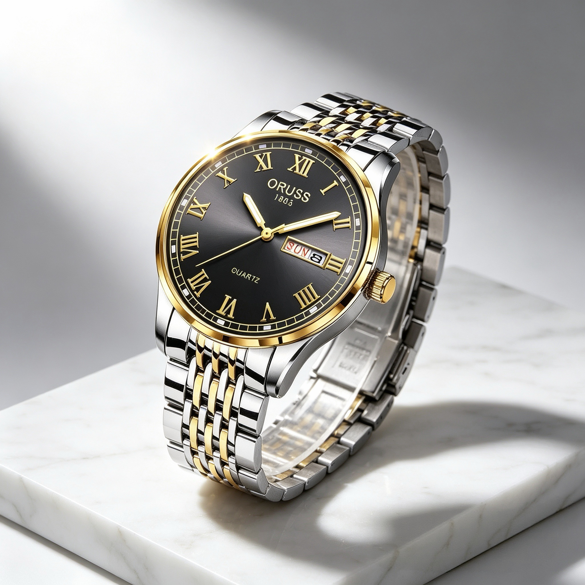 ORUSS 1853 Mens Classic Business Quartz Watch Two Tone Gold Silver Stainless Steel Bracelet Black Roman Numeral Dial Day Date 1853 Logo Formal Daily Wear Wedding Anniversary Birthday Gift