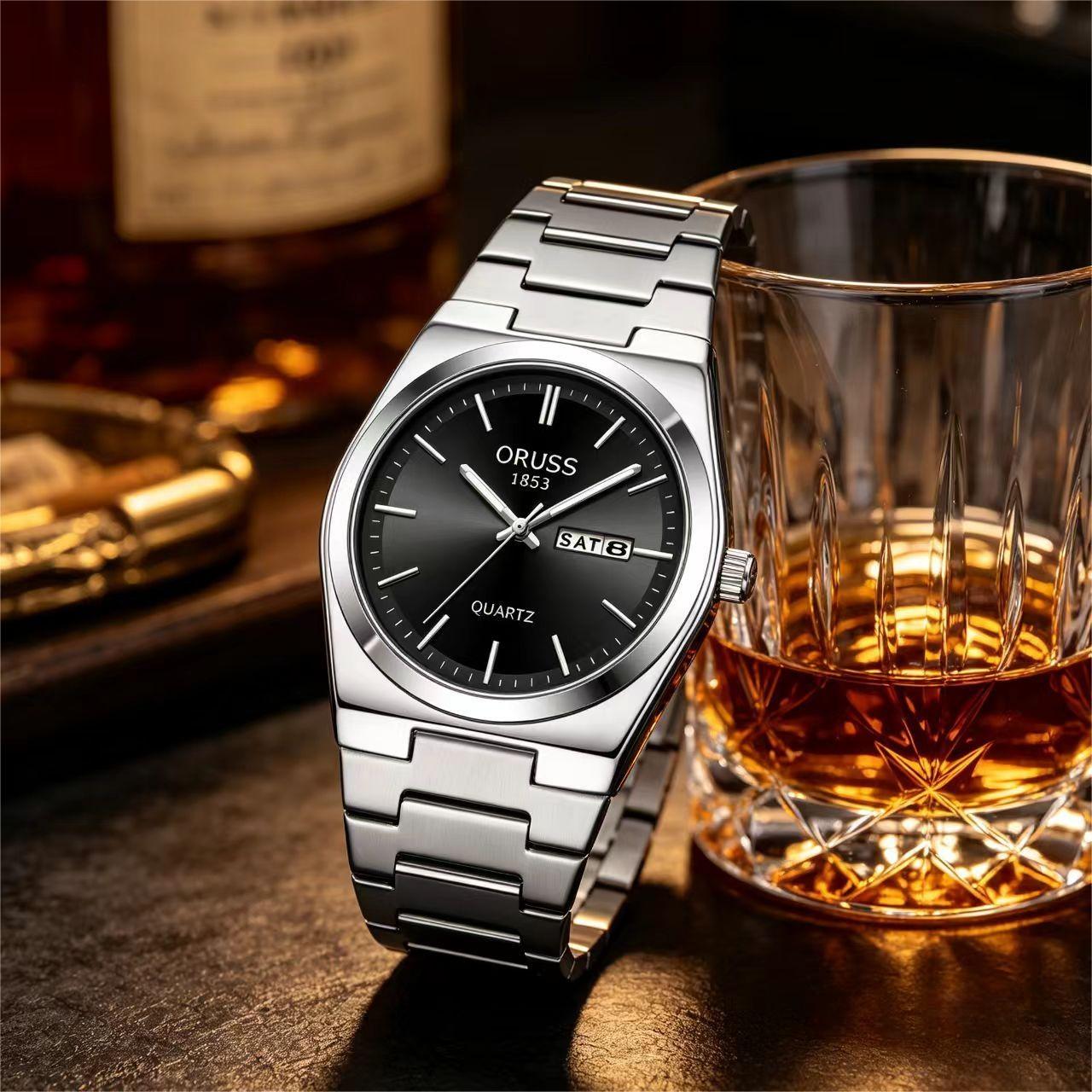 ORUSS 1853 Men's Watch Minimalist Tonneau Style Quartz Watch Brushed Stainless Steel Bracelet Black Blue Sunburst Dial Dual Calendar For Casual Business Wear