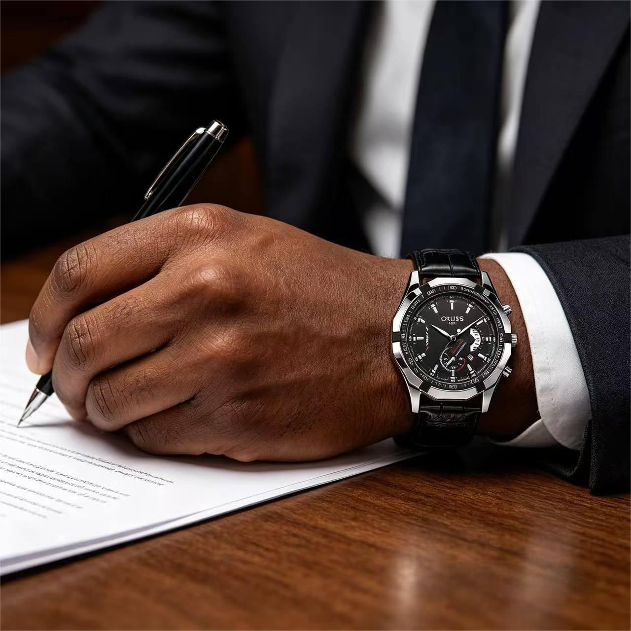 ORUSS 1853 Men's Watch Creative Chronograph Multi-Function Dial Unique Tachymeter Bezel Design Waterproof Leather Strap Unisex Daily Wear Sports Business Holiday Gift