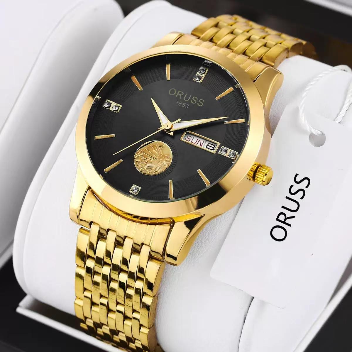 ORUSS 1853 Men's Watch Luxury Gold Plated Quartz Watch Stainless Steel Bracelet White Black Dial Diamond Accent Sailboat Motif Day Date Formal Daily Wear Office Anniversary Birthday Gift