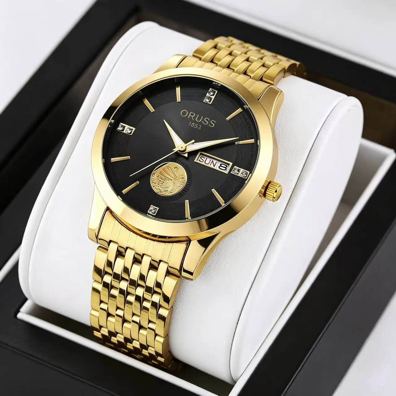 ORUSS 1853 Men's Watch Luxury Gold Plated Quartz Watch Stainless Steel Bracelet White Black Dial Diamond Accent Sailboat Motif Day Date Formal Daily Wear Office Anniversary Birthday Gift