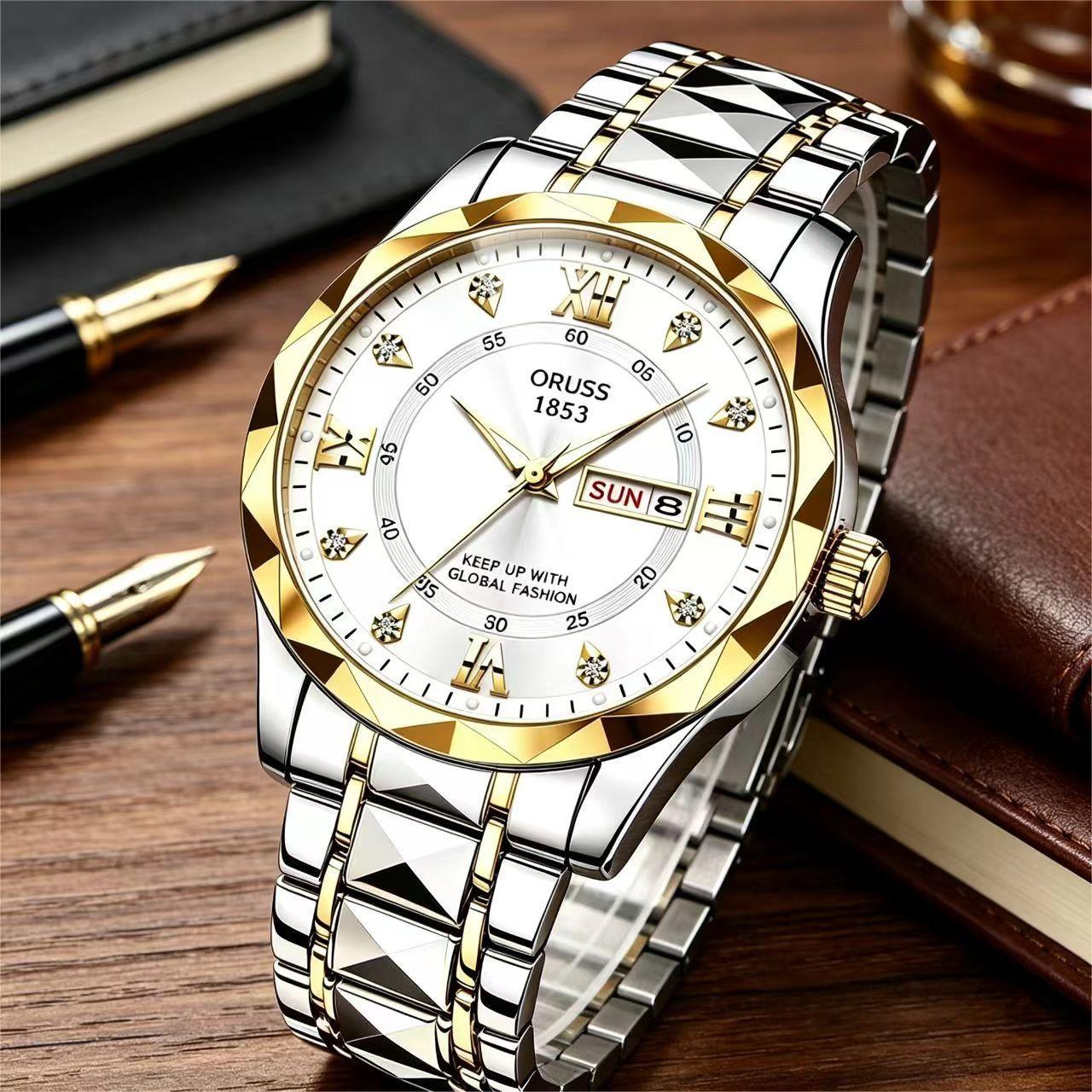 ORUSS 1853 Men's Watch Faceted Crystal Glass Quartz Two Tone Stainless Steel Bracelet Blue White Dial Diamond Roman Numerals Dual Calendar For Business Daily Wear Special Occasions