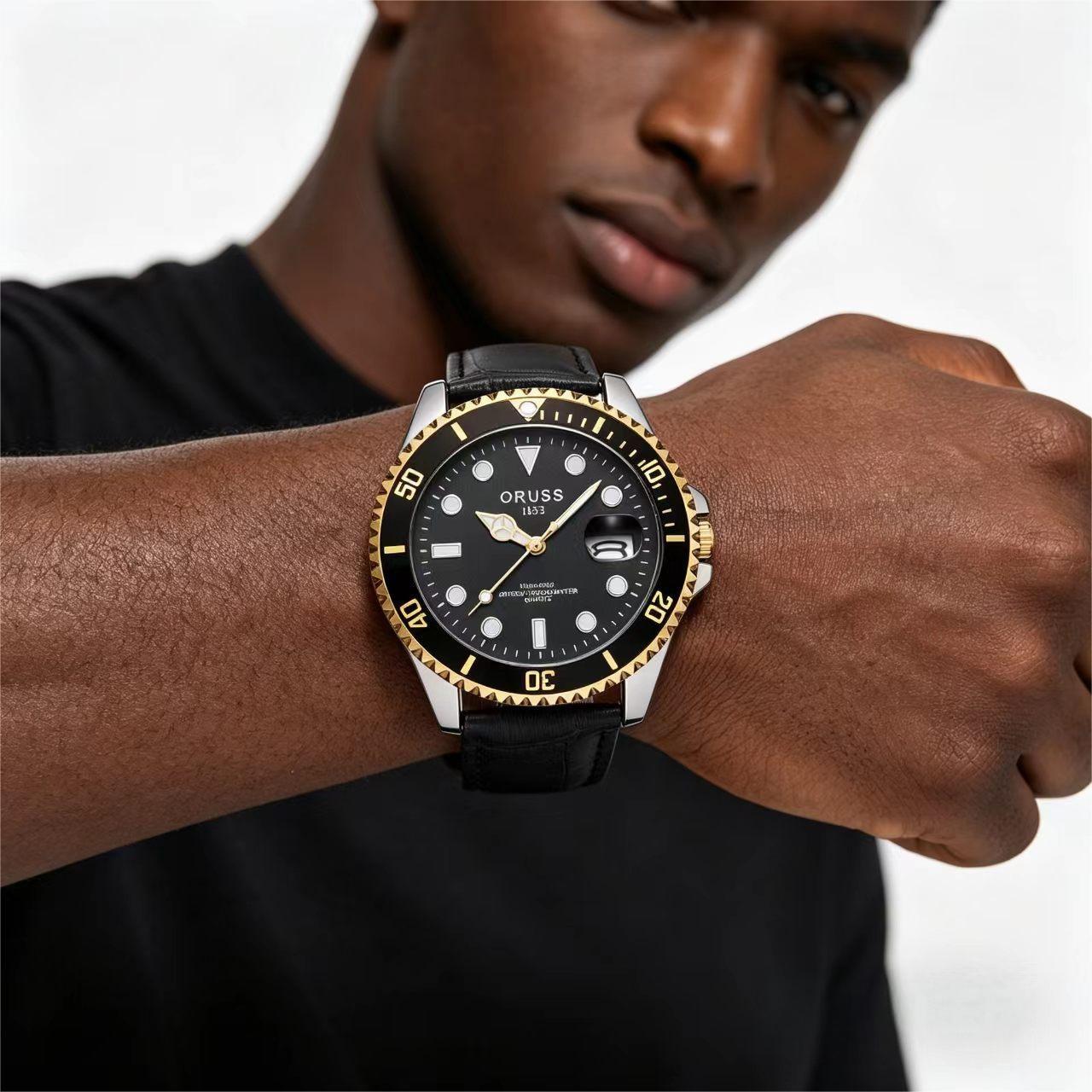 ORUSS Men's Business Sports Calendar Watch With Bamboo Pattern Strap Unique Digital Scale Casual Fashion Waterproof Leather Strap Wristwatch For Daily Wear