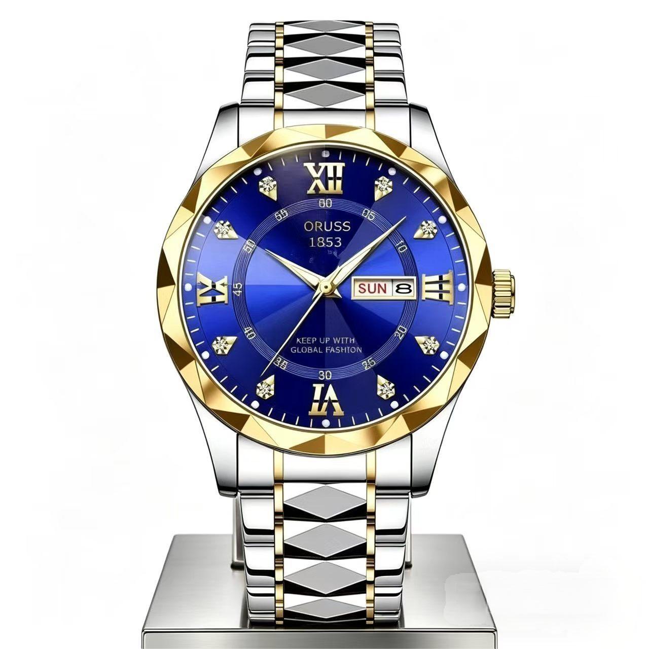 ORUSS 1853 Men's Watch Faceted Crystal Glass Quartz Two Tone Stainless Steel Bracelet Blue White Dial Diamond Roman Numerals Dual Calendar For Business Daily Wear Special Occasions