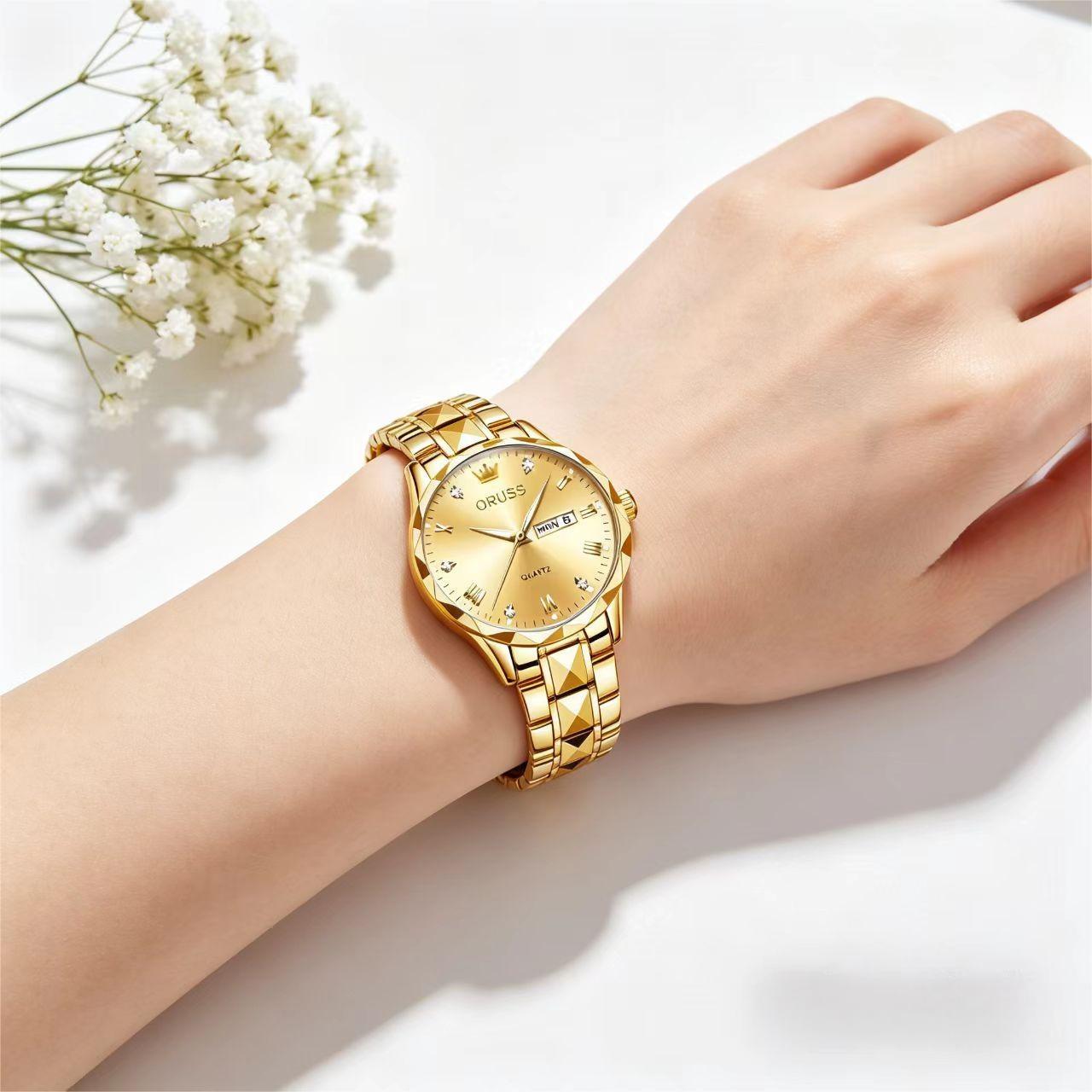 ORUSS Women's Watch Creative Diamond Inlaid Dial Unique Pyramid Cut Gold Plated Bracelet Waterproof Dual Calendar Quartz Watch Unisex Daily Wear Business Holiday Gift