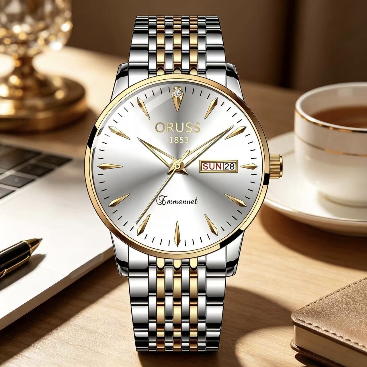 ORUSS 1853 Men's Watch Classic Business Quartz Two Tone Gold Silver Stainless Steel Bracelet White Dial Day Date Diamond Accent Formal Daily Wear Office Anniversary Birthday Gift