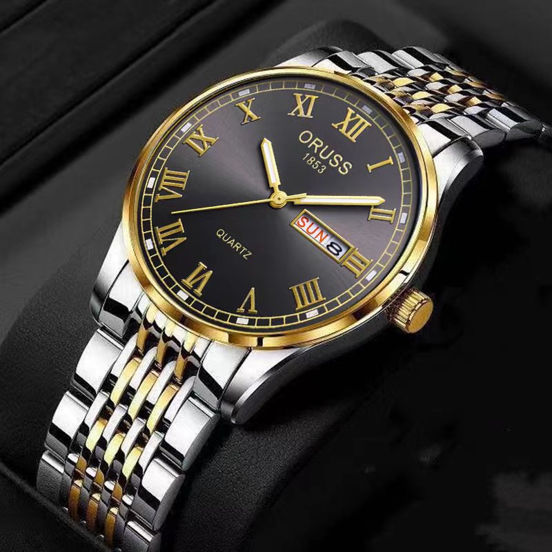 ORUSS 1853 Mens Classic Business Quartz Watch Two Tone Gold Silver Stainless Steel Bracelet Black Roman Numeral Dial Day Date 1853 Logo Formal Daily Wear Wedding Anniversary Birthday Gift