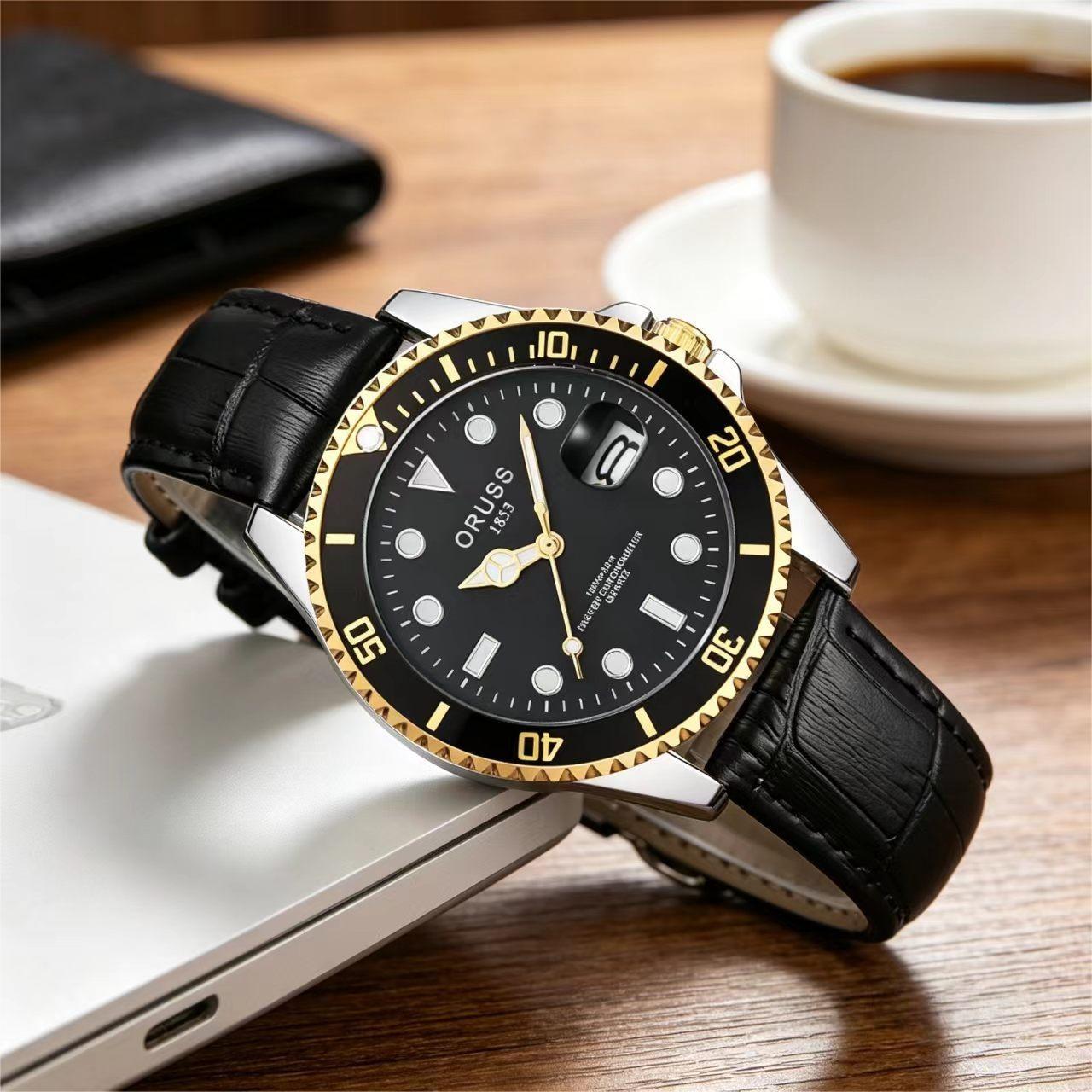 ORUSS Men's Business Sports Calendar Watch With Bamboo Pattern Strap Unique Digital Scale Casual Fashion Waterproof Leather Strap Wristwatch For Daily Wear