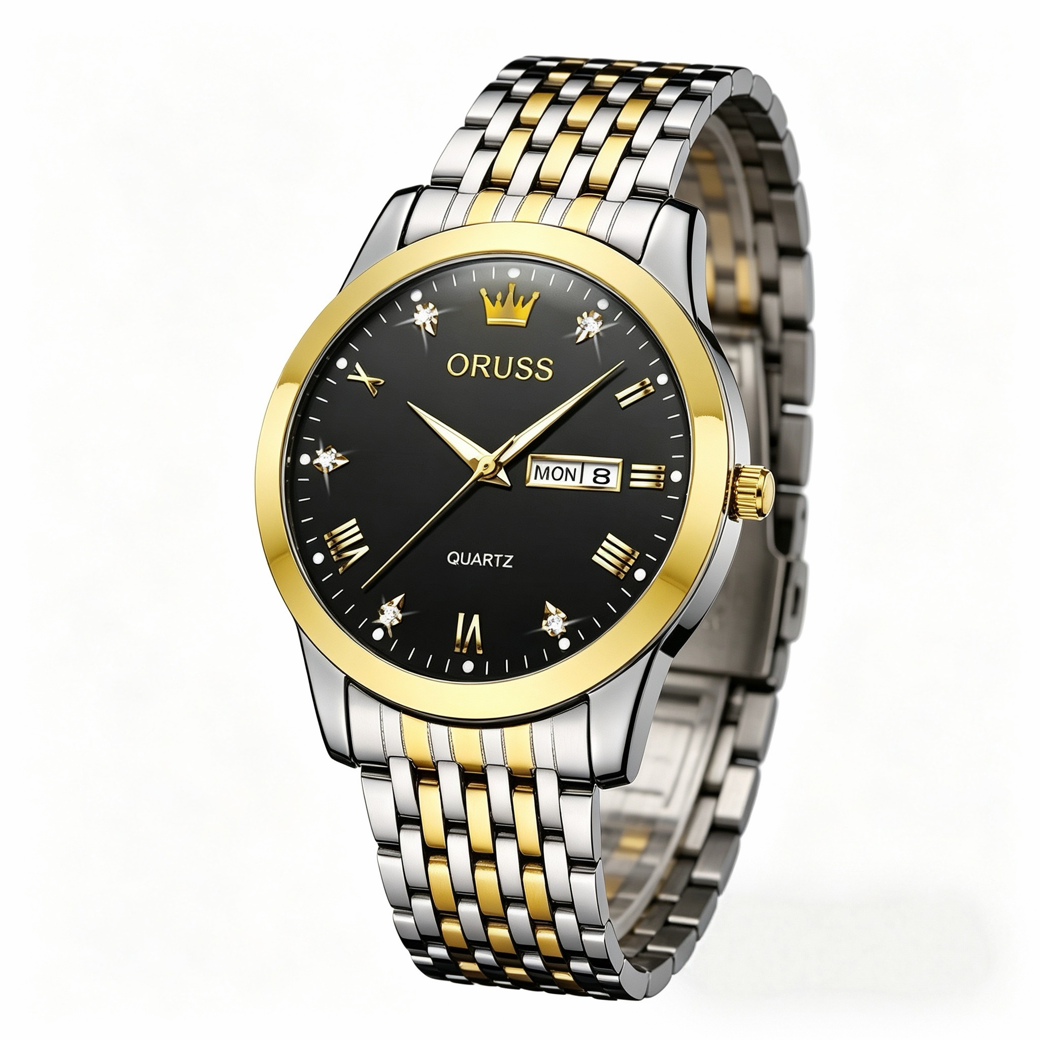 ORUSS Men's Watch Elegant Business Quartz Stainless Steel Bracelet Two Tone Silver Gold Black Dial Roman Numerals Crystal Day Date Crown Logo Formal Daily Wear Wedding Anniversary Birthday Gift