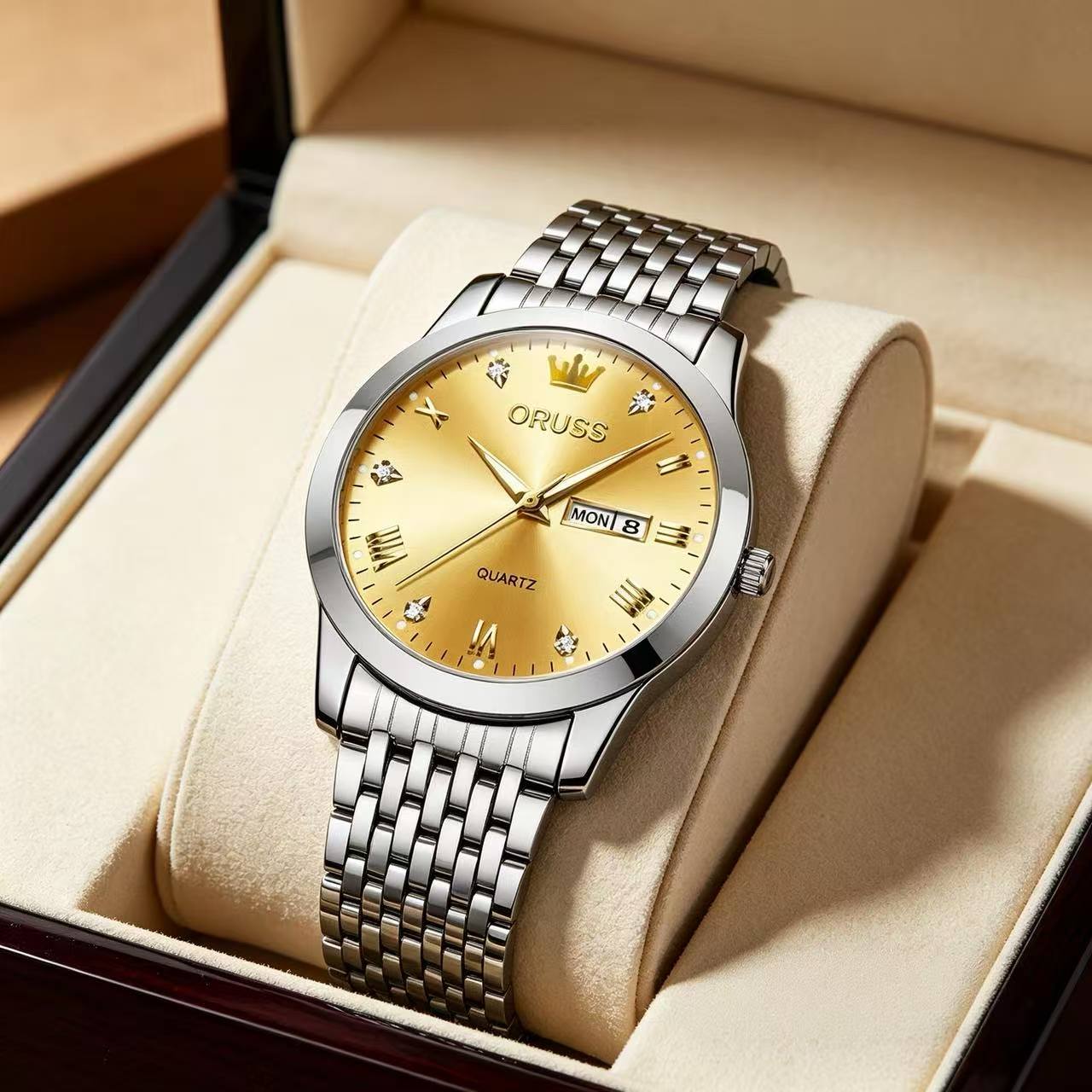 ORUSS Men's Watch Luxury Quartz Watch Silver Stainless Steel Bracelet Gold Dial Crystal Accent Crown Logo Day Date Casual Formal Daily Wear Office Wedding Anniversary Birthday Gift
