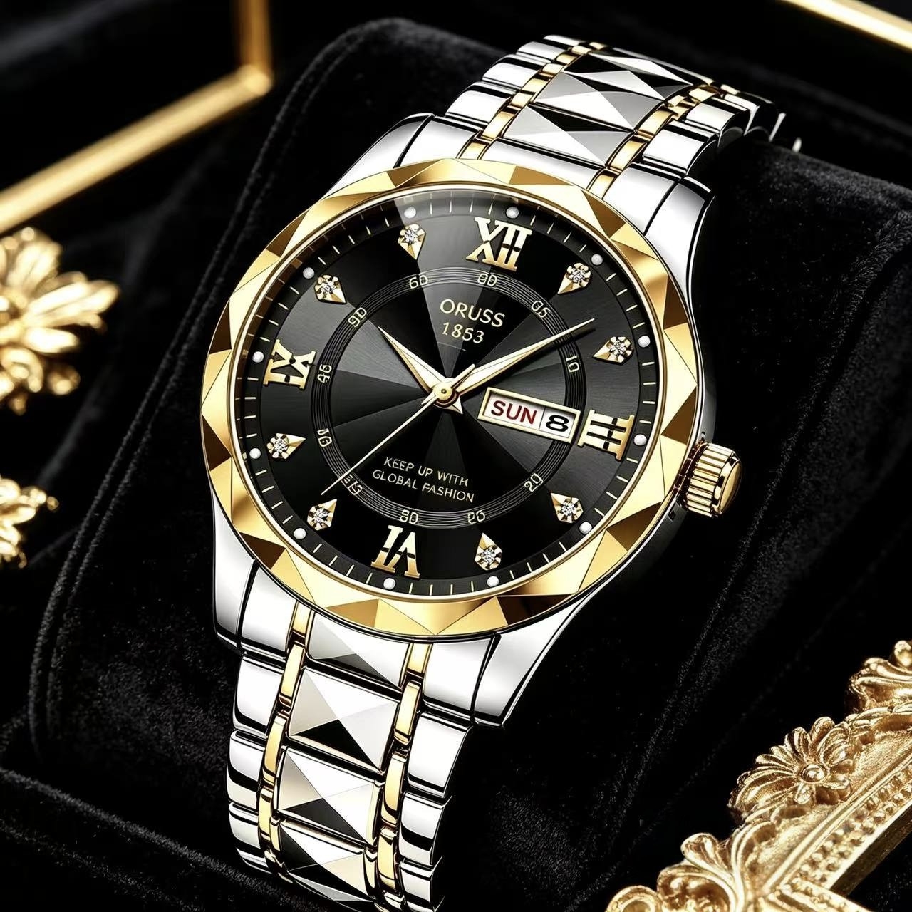 ORUSS 1853 Men's Watch Luxury Rhombus Pointed Crystal Glass Quartz Watch Stainless Steel Bracelet Black Dial Diamond Roman Numeral Day Date For Formal Daily Wear Office Anniversary Birthday
