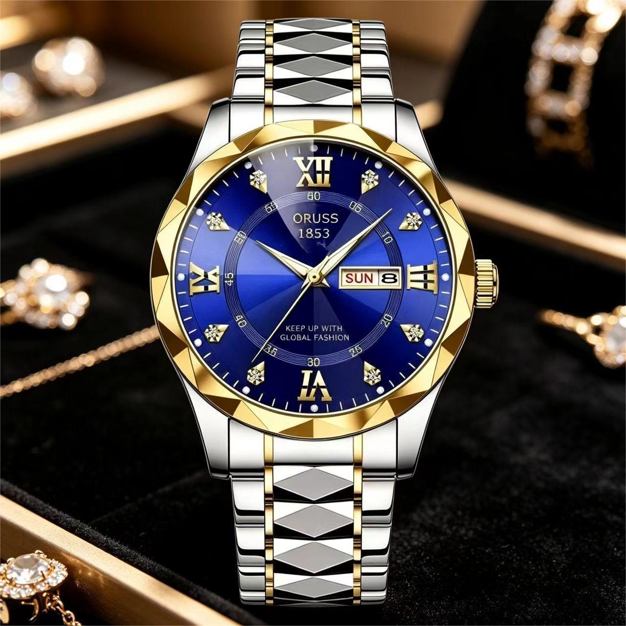 ORUSS 1853 Men's Watch Faceted Crystal Glass Quartz Two Tone Stainless Steel Bracelet Blue White Dial Diamond Roman Numerals Dual Calendar For Business Daily Wear Special Occasions