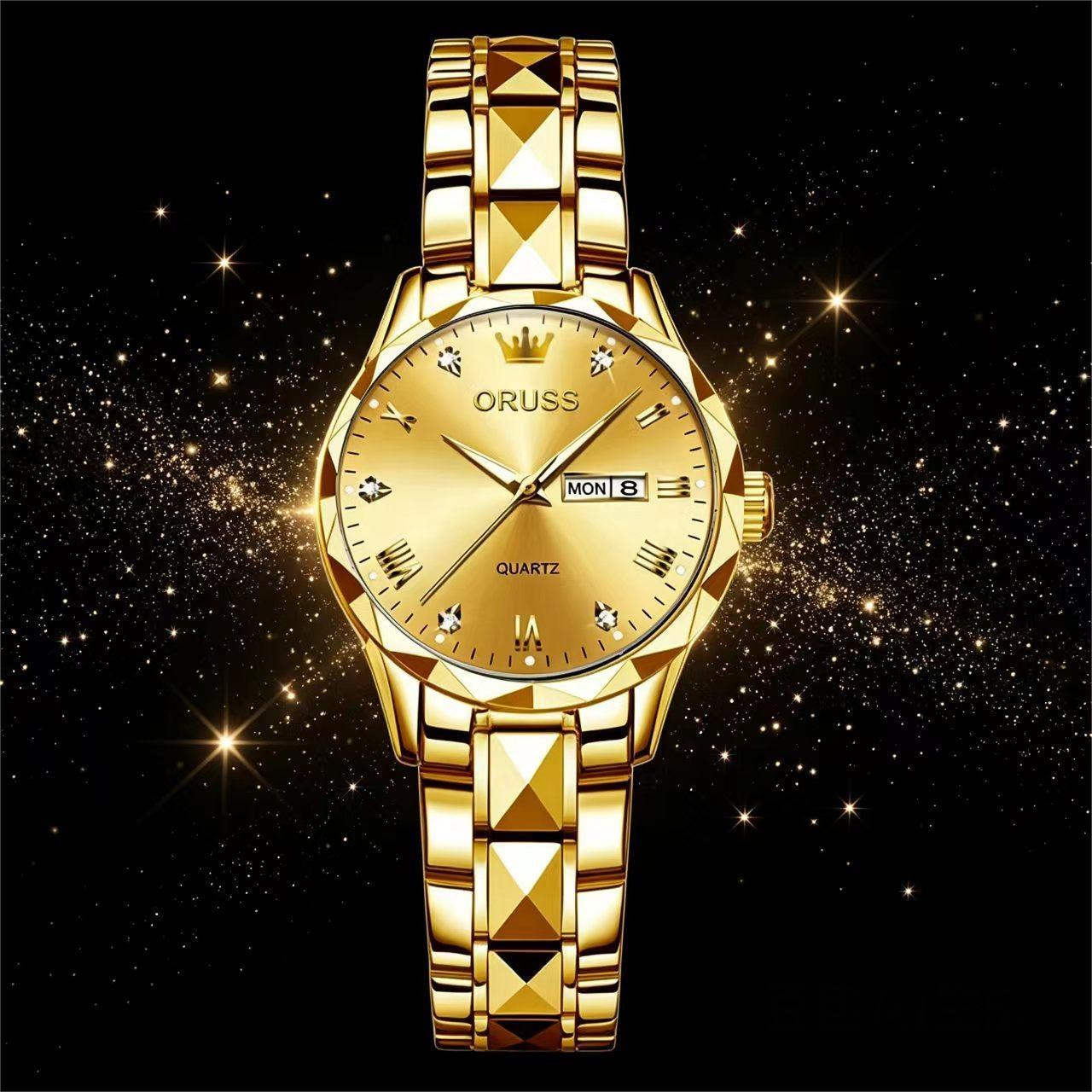 ORUSS Women's Watch Creative Diamond Inlaid Dial Unique Pyramid Cut Gold Plated Bracelet Waterproof Dual Calendar Quartz Watch Unisex Daily Wear Business Holiday Gift