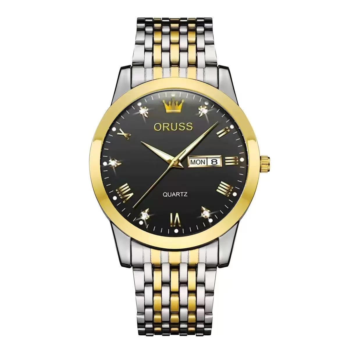 ORUSS Men's Watch Elegant Business Quartz Stainless Steel Bracelet Two Tone Silver Gold Black Dial Roman Numerals Crystal Day Date Crown Logo Formal Daily Wear Wedding Anniversary Birthday Gift